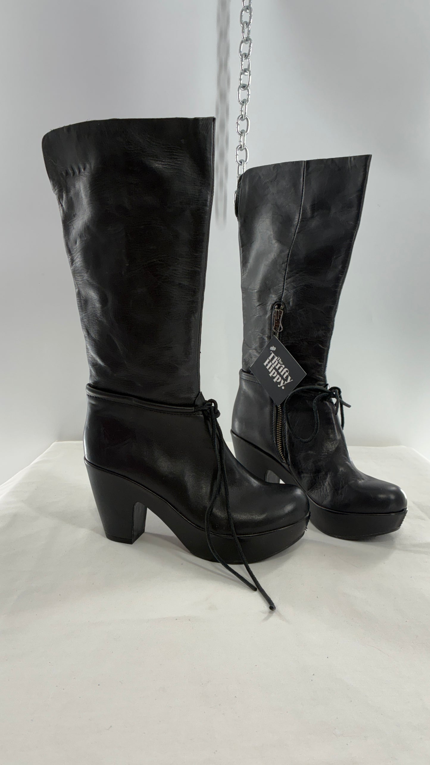 Vintage KORK EASE Black Genuine Leather Platform Clog, Knee High Boots (8/39)