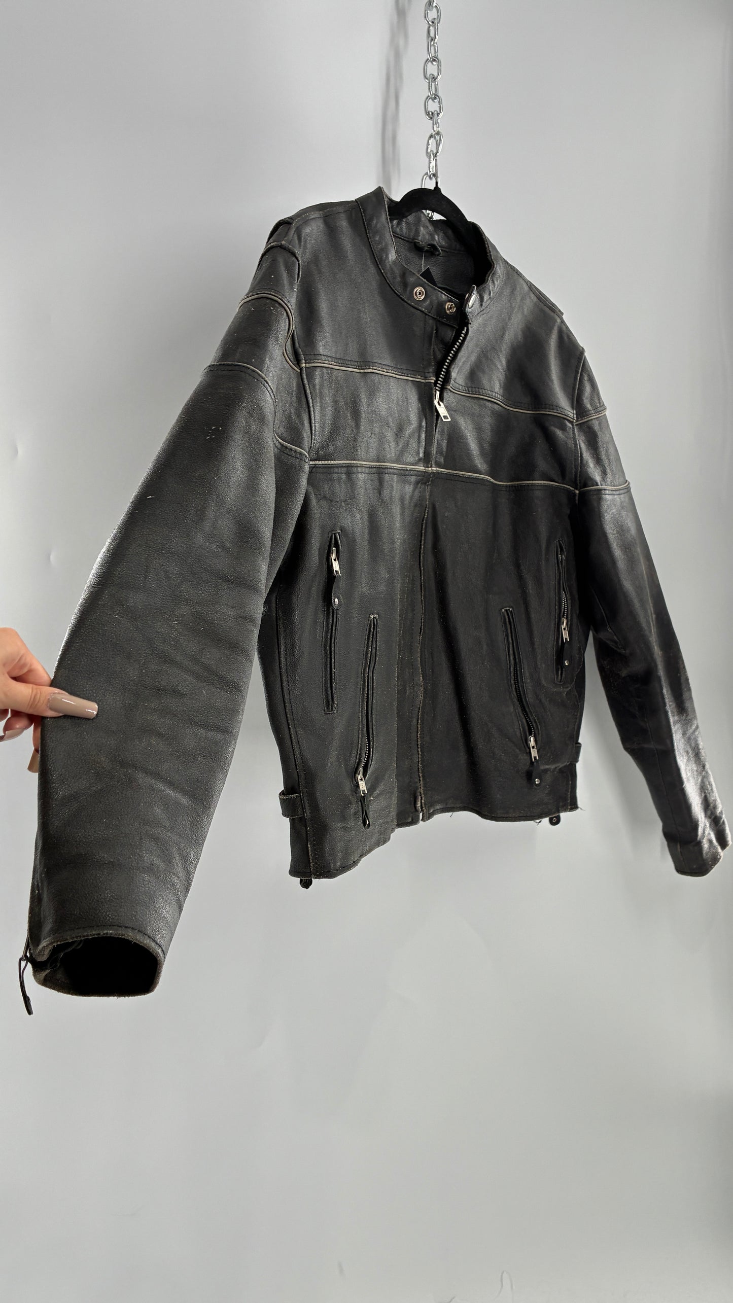 Vintage Distressed Genuine Leather Motorcycle Jacket with Zippered Pockets, Cuffs, and Sides (Large)