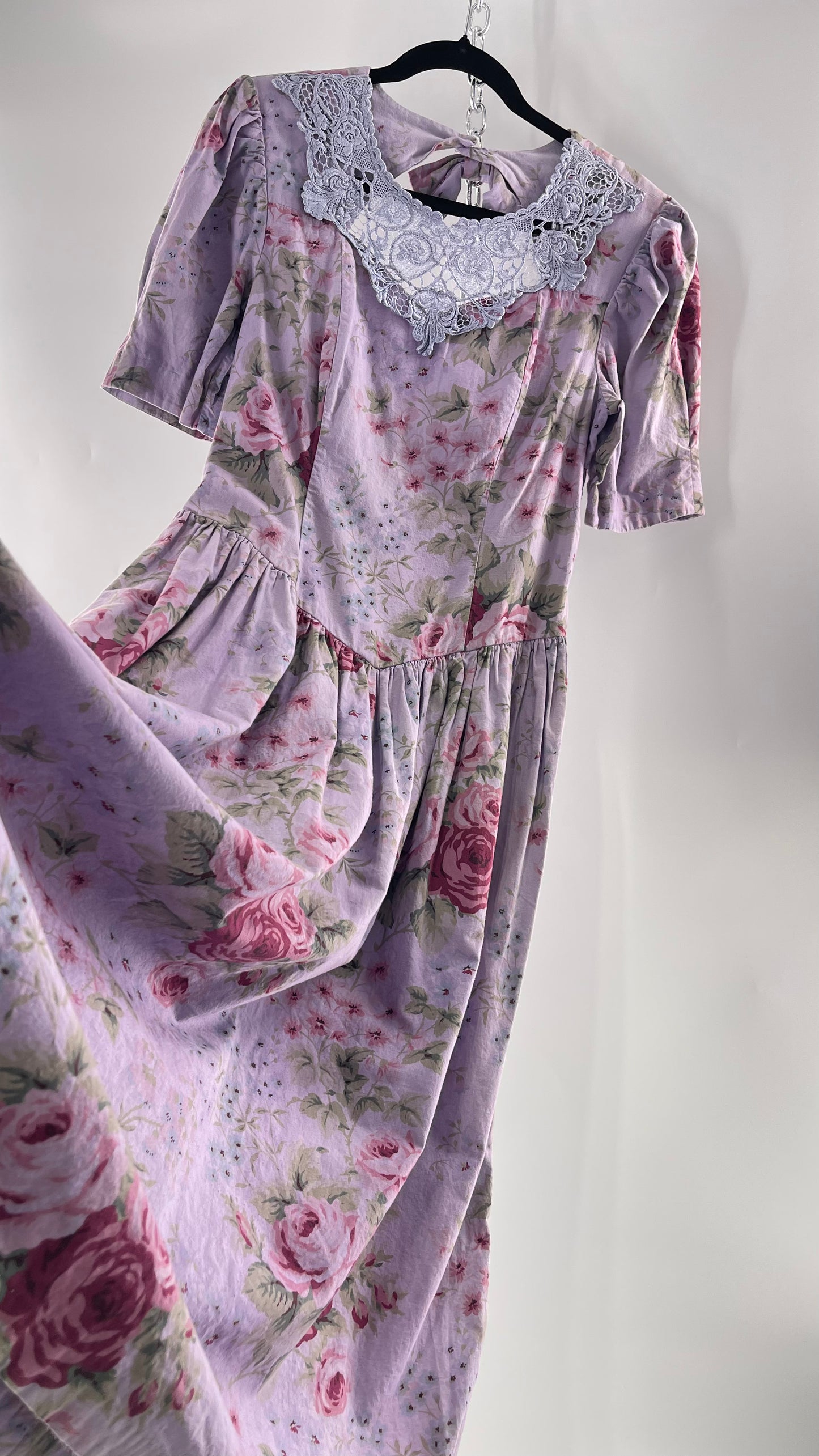 Vintage Urban Renewal Reworked and Upcycled Misty Lane Lilac/Lavender Floral Fit/Flare Dress with Sweetheart Neckline, Lace Detail and Bow Adorned Open Back (11/12)