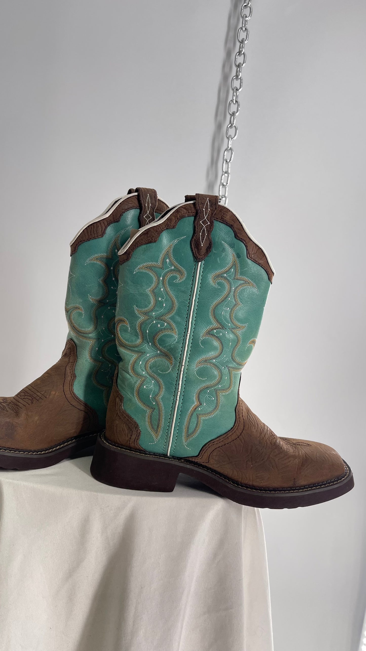 Vintage Justin Gypsy Brown Leather Turquoise Raya Cowboy Boots (8.5B)