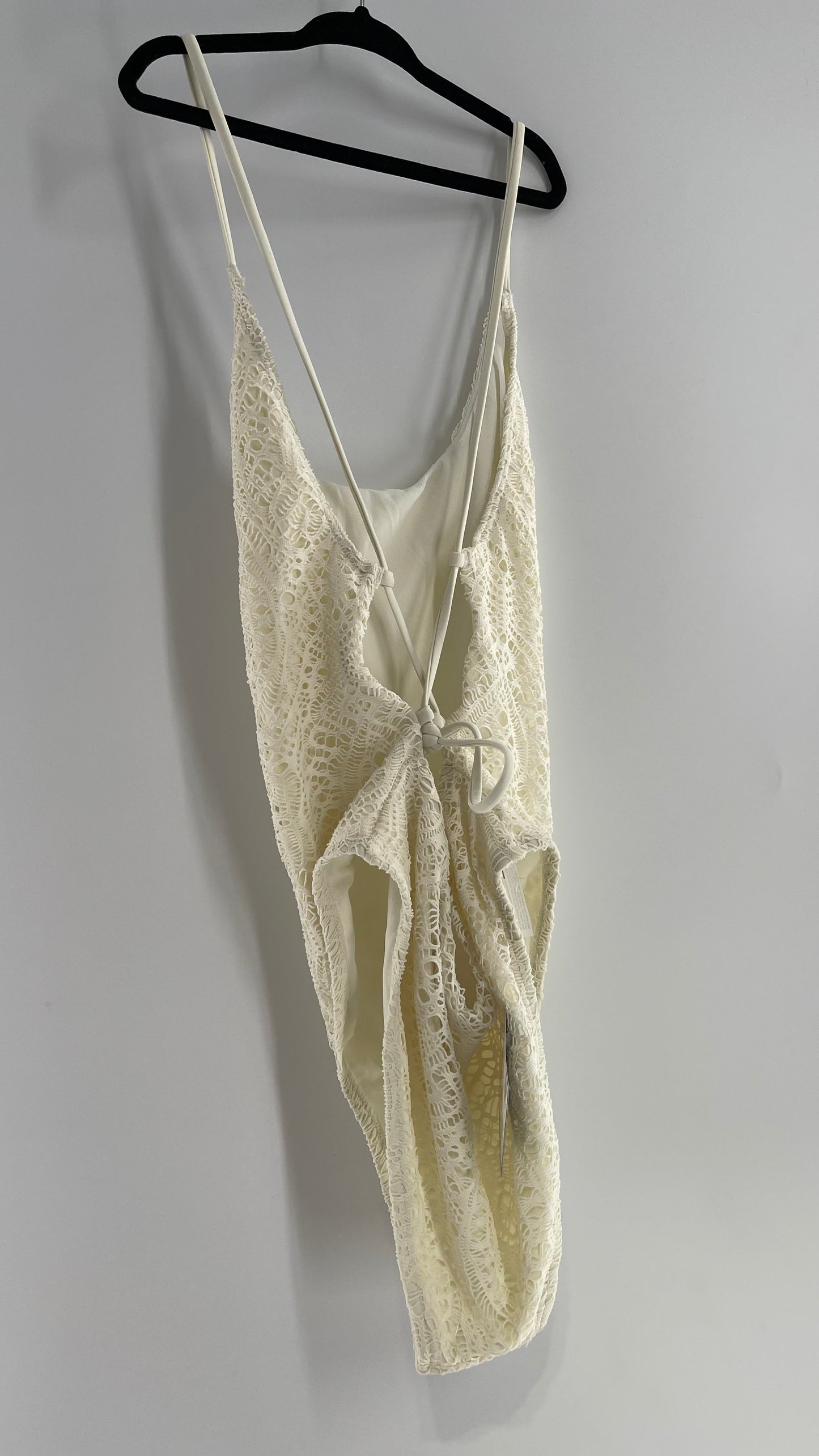 Urban Outfitters White Lace/Crochet Swimsuit with Lace Up Open Back (Medium)
