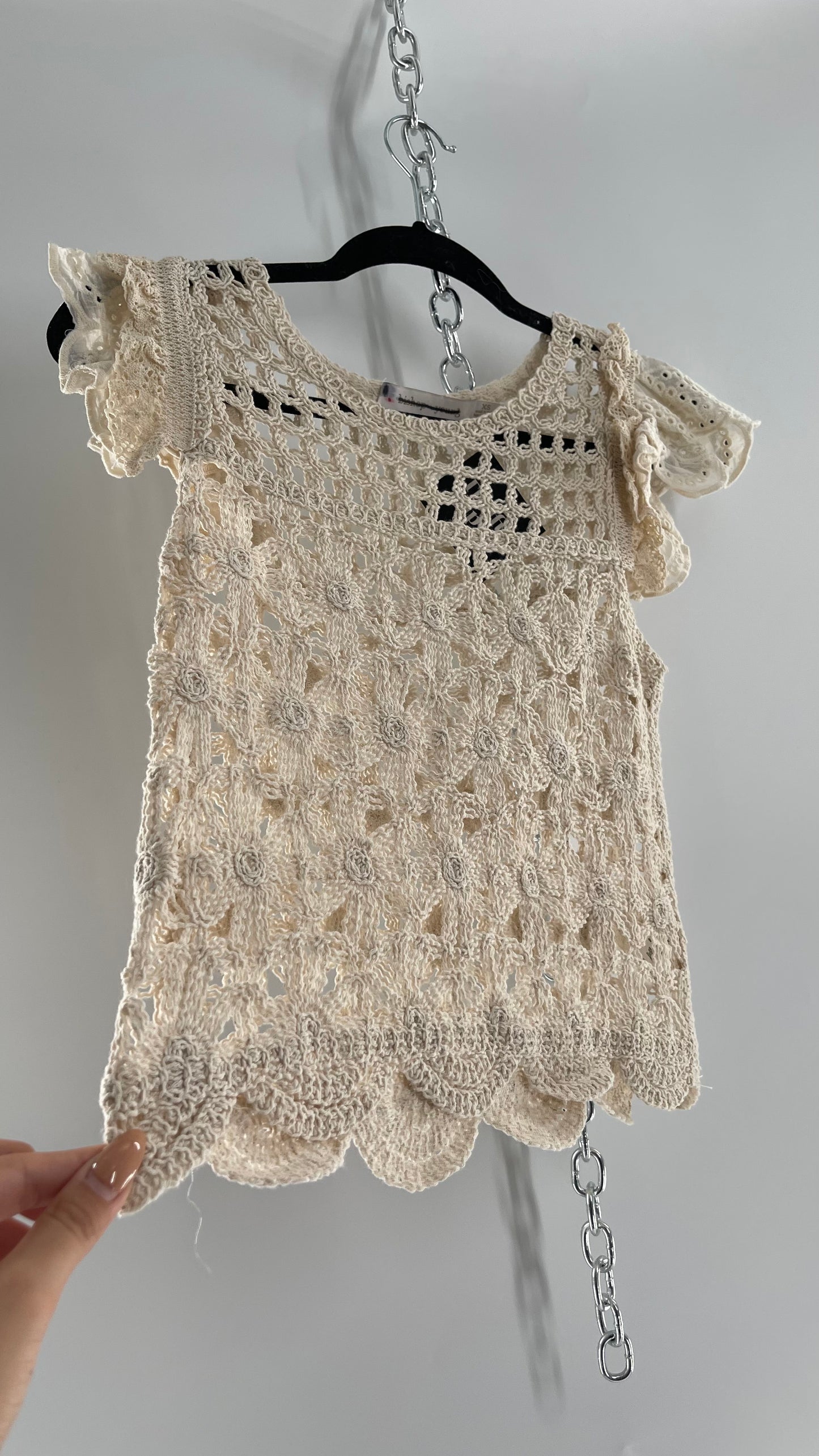 Bishop + Young Anthropologie Crochet Tank with Scalloped Hem and Lace Lined Sleeves (Small)
