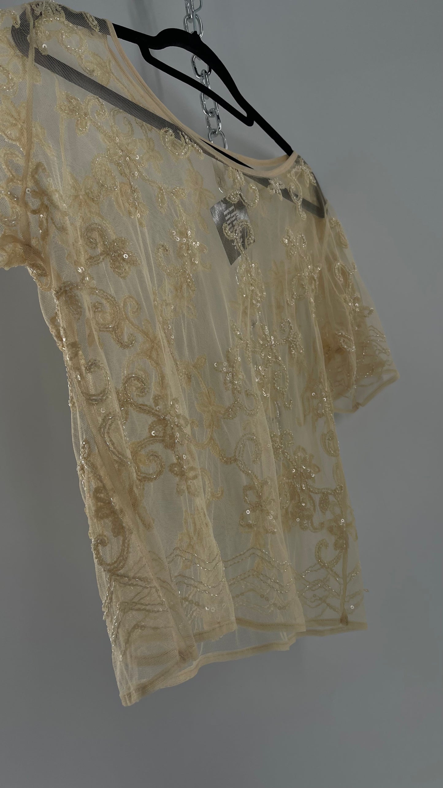 Vintage Forever 21 Baby Yellow Beaded Mesh T Shirt (Large)