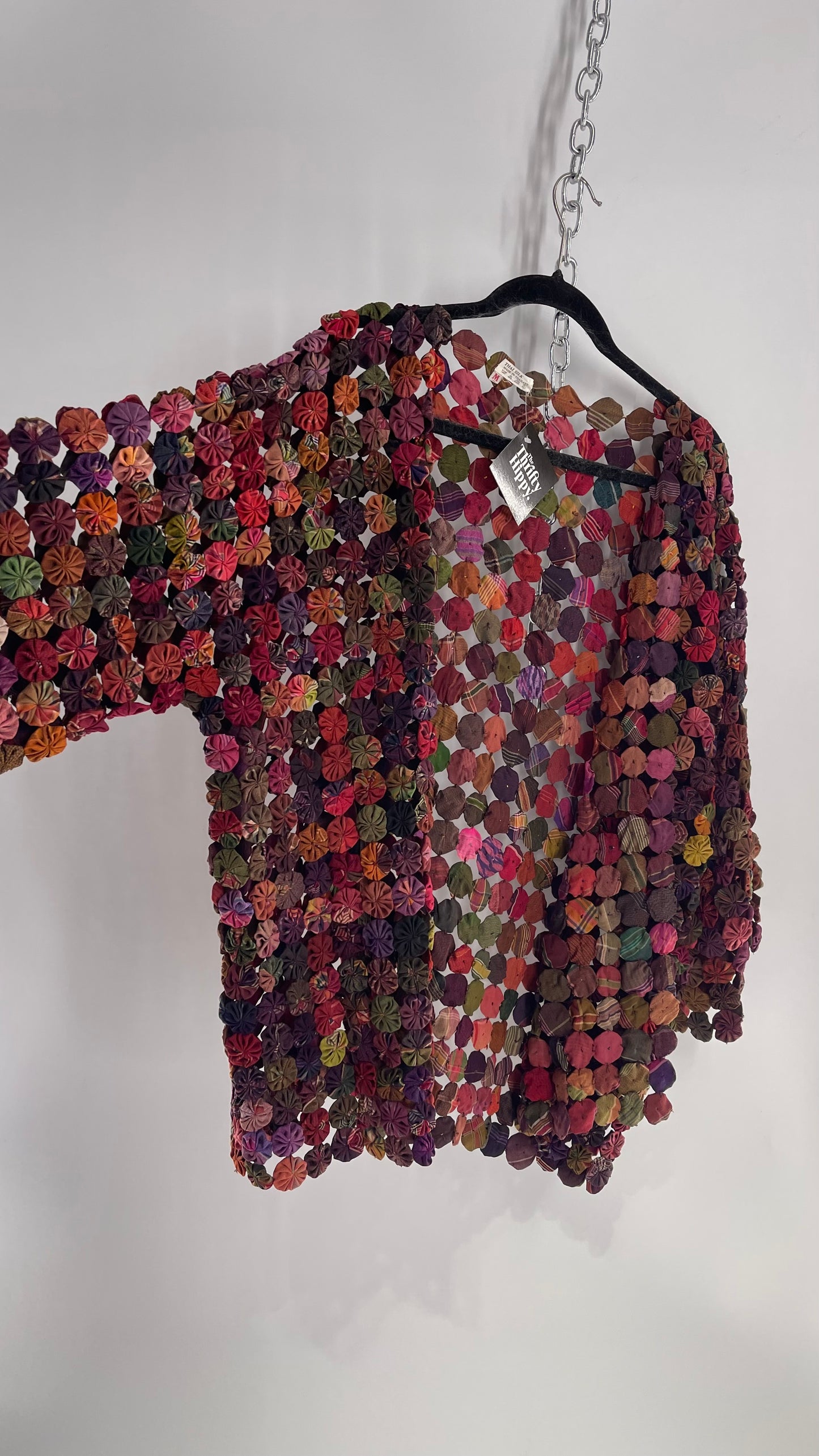 Vintage Handcrafted Multicolored Print Yo-Yo Quilt Kimono Sleeve Jacket, 1970s Thai 100% Silk