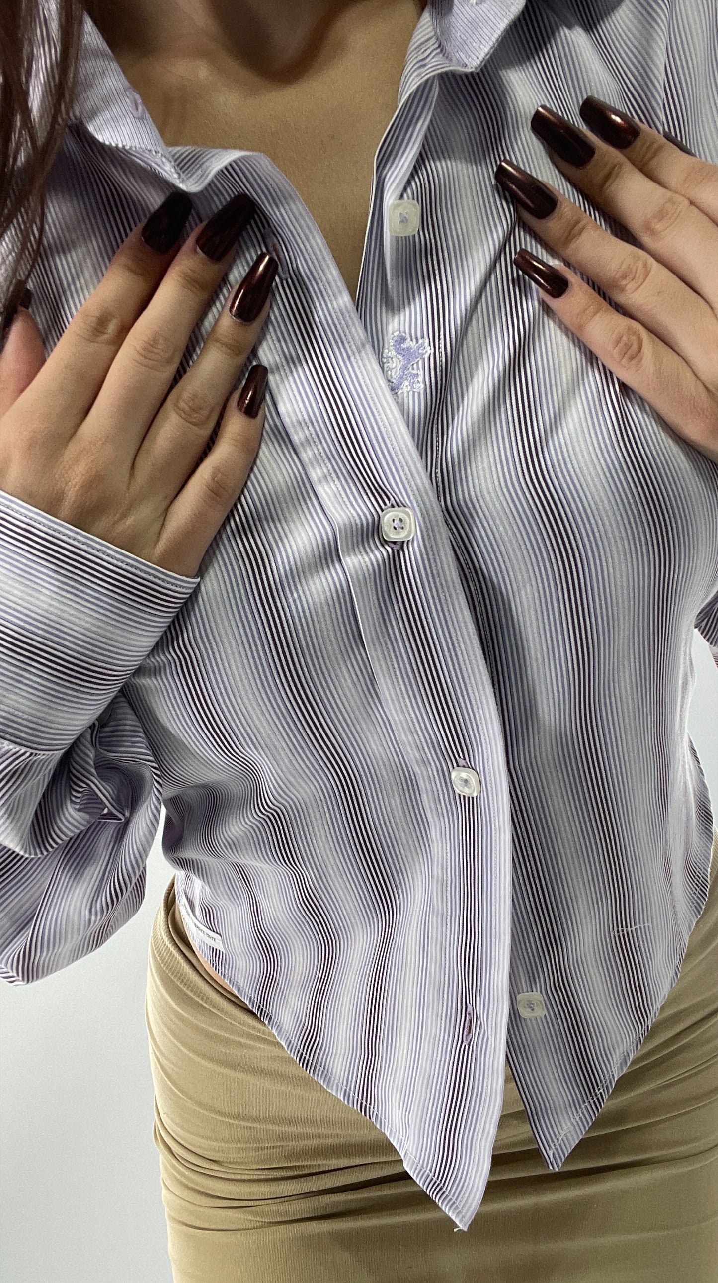 Vintage Designer Bugatchi Reworked Button Front Backless Purple Striped Blouse with Embroidered Details (One Size)