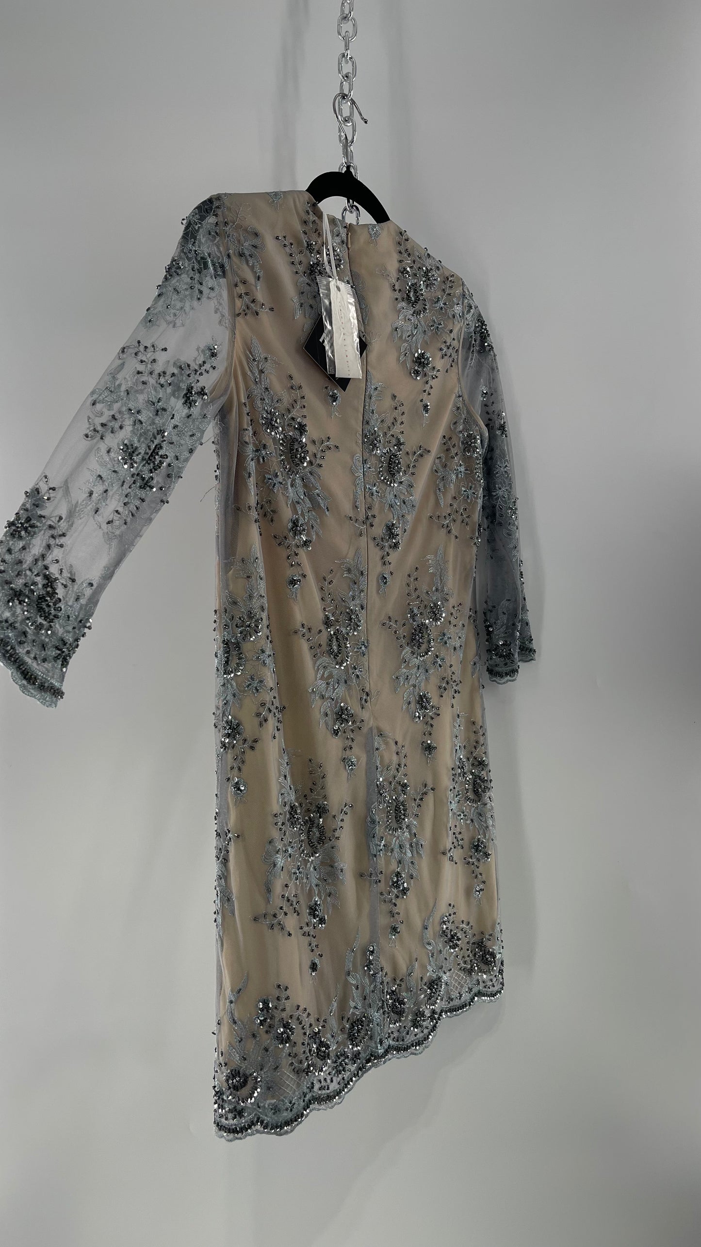 Koravilas Anthropologie Grey Mesh Embroidered Lace Long Sleeve Beaded Dress (4)