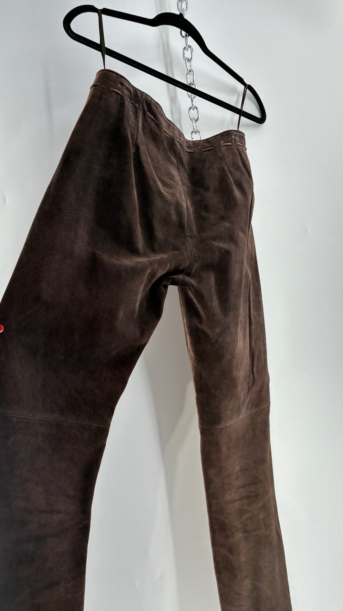 Vintage FOR JOSEPH Low Rise, Chocolate Brown Suede Pants with Leather Stitch Sides and Bow Closure (28)