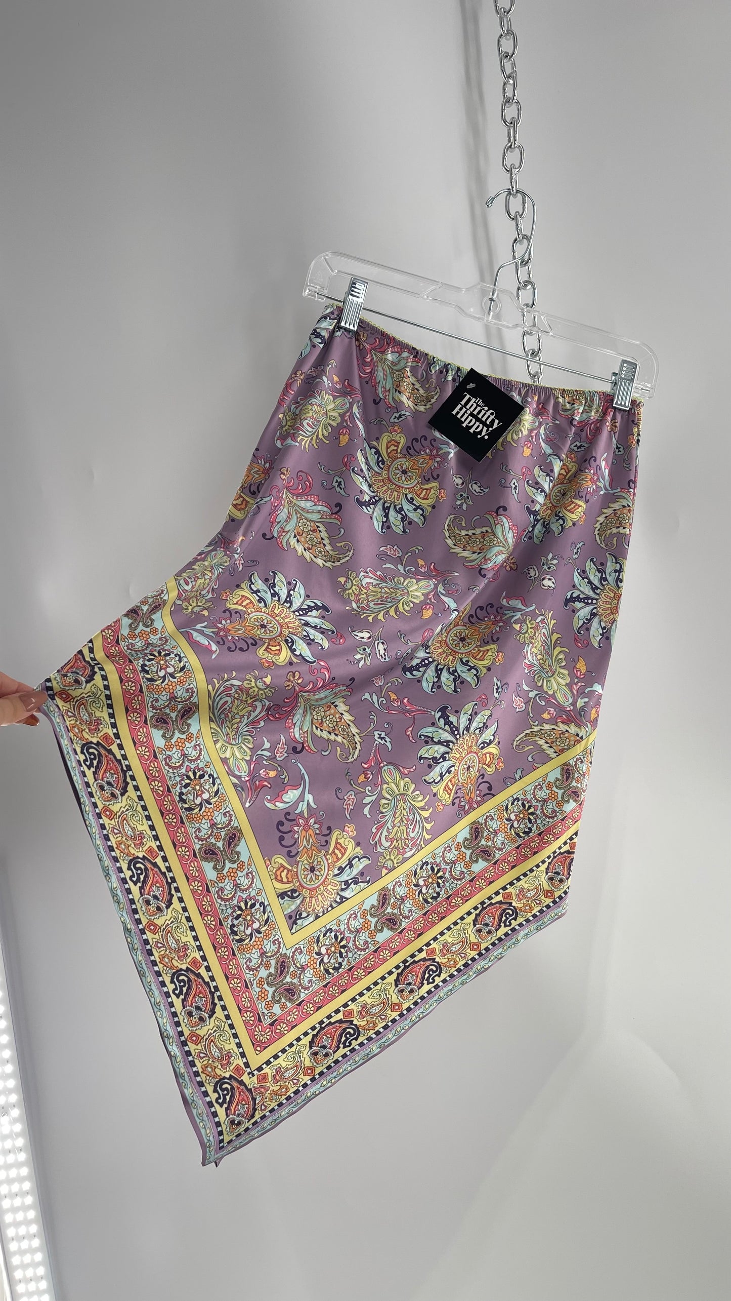 Urban Outfitters Lavender Satin Paisley Handkerchief Hem Skirt with Light Green Ribbon Waistline (Small)