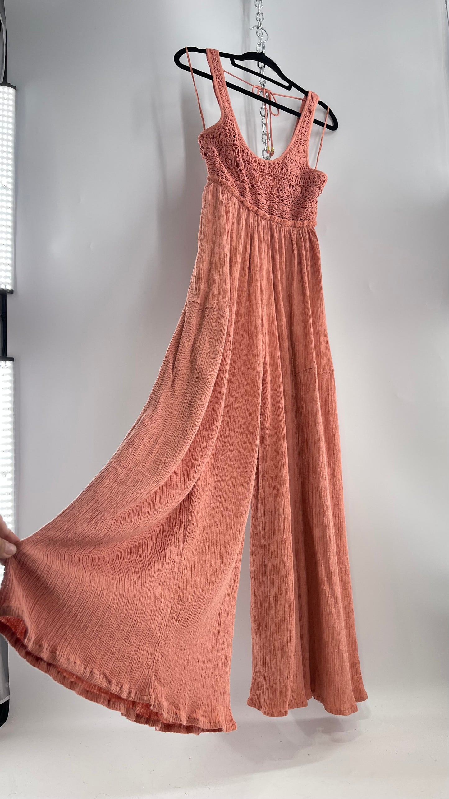 Free People Rose/Peach Pink Wide Leg Jumpsuit with Crochet Bust and Tags Attached (XS)