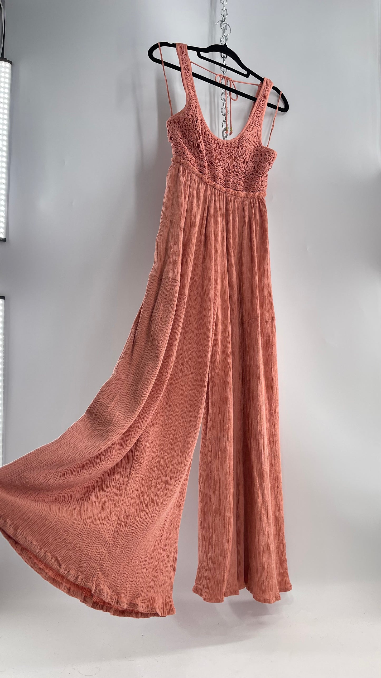 Free People Rose/Peach Pink Wide Leg Jumpsuit with Crochet Bust and Tags Attached (XS)