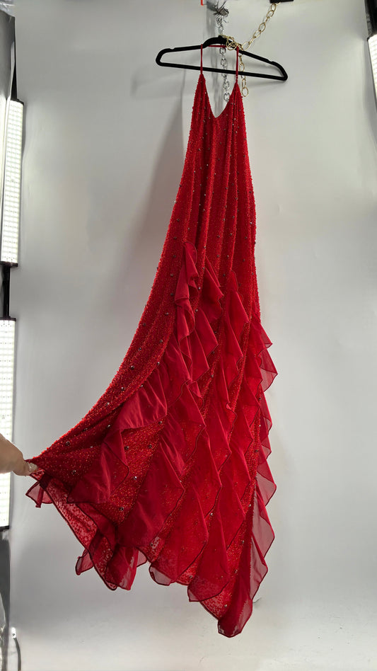 OH POLLY Red Beaded Gown with Ruffled Detailing NWOT (14)