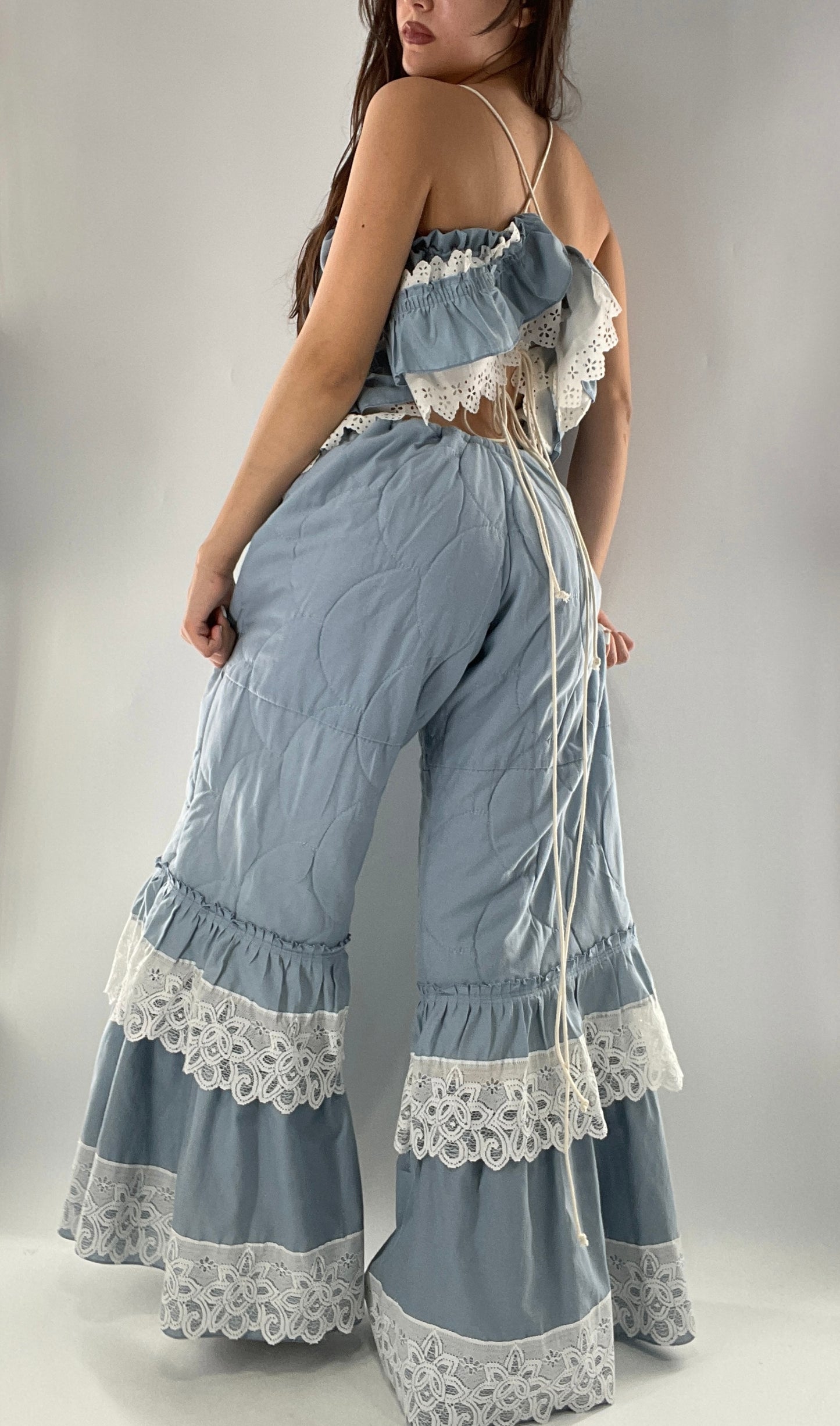 Vintage 2 Piece Powder Blue Set Featuring 2Way Blouse and Quilted Trousers Covered in Ruffles, Lace and Trim (One Size)