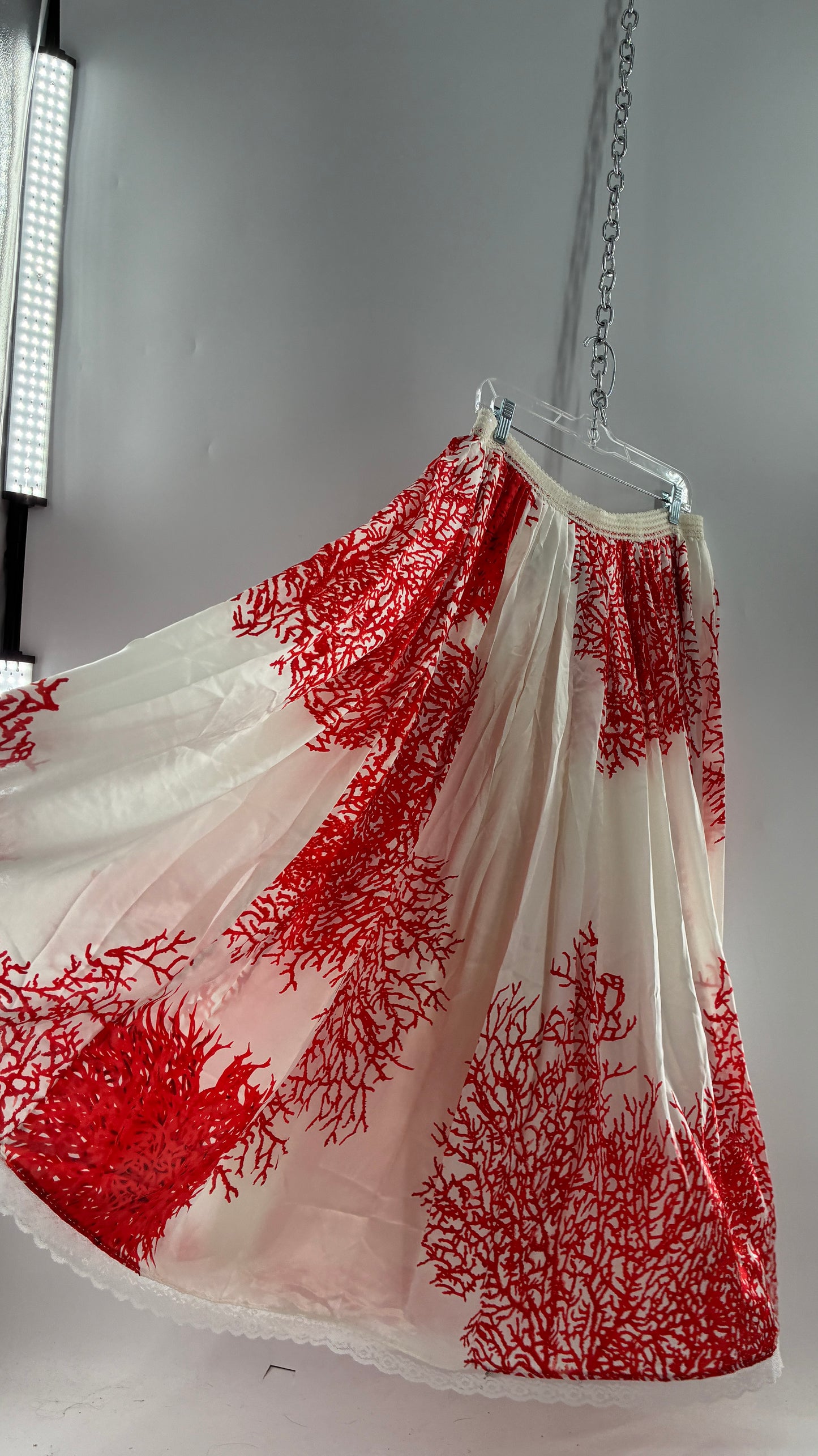 Handmade Vintage Full Length Voluminous Silky Skirt with Red Design (Large)