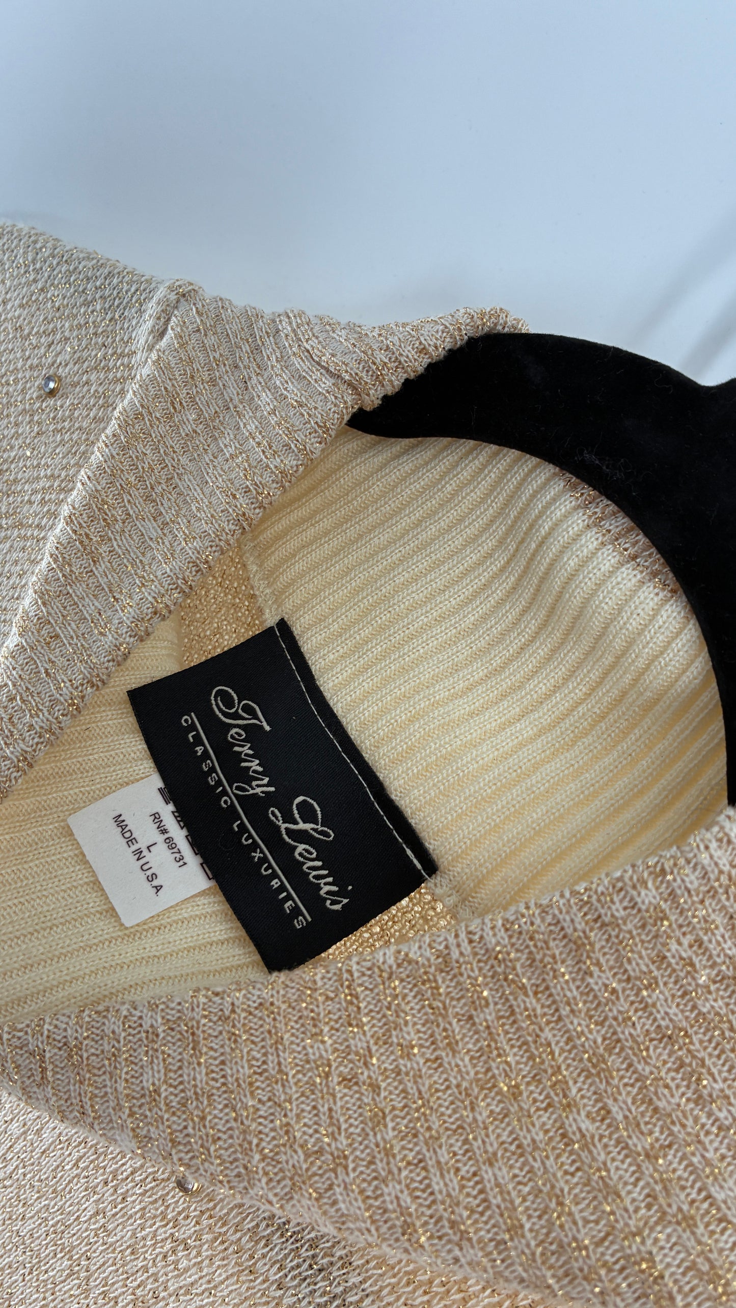 Terry Lewis Classic Luxeries Beige Knit Sweater and Skirt with Gold Tinsel Thread and Rhinestone Collar (Large)