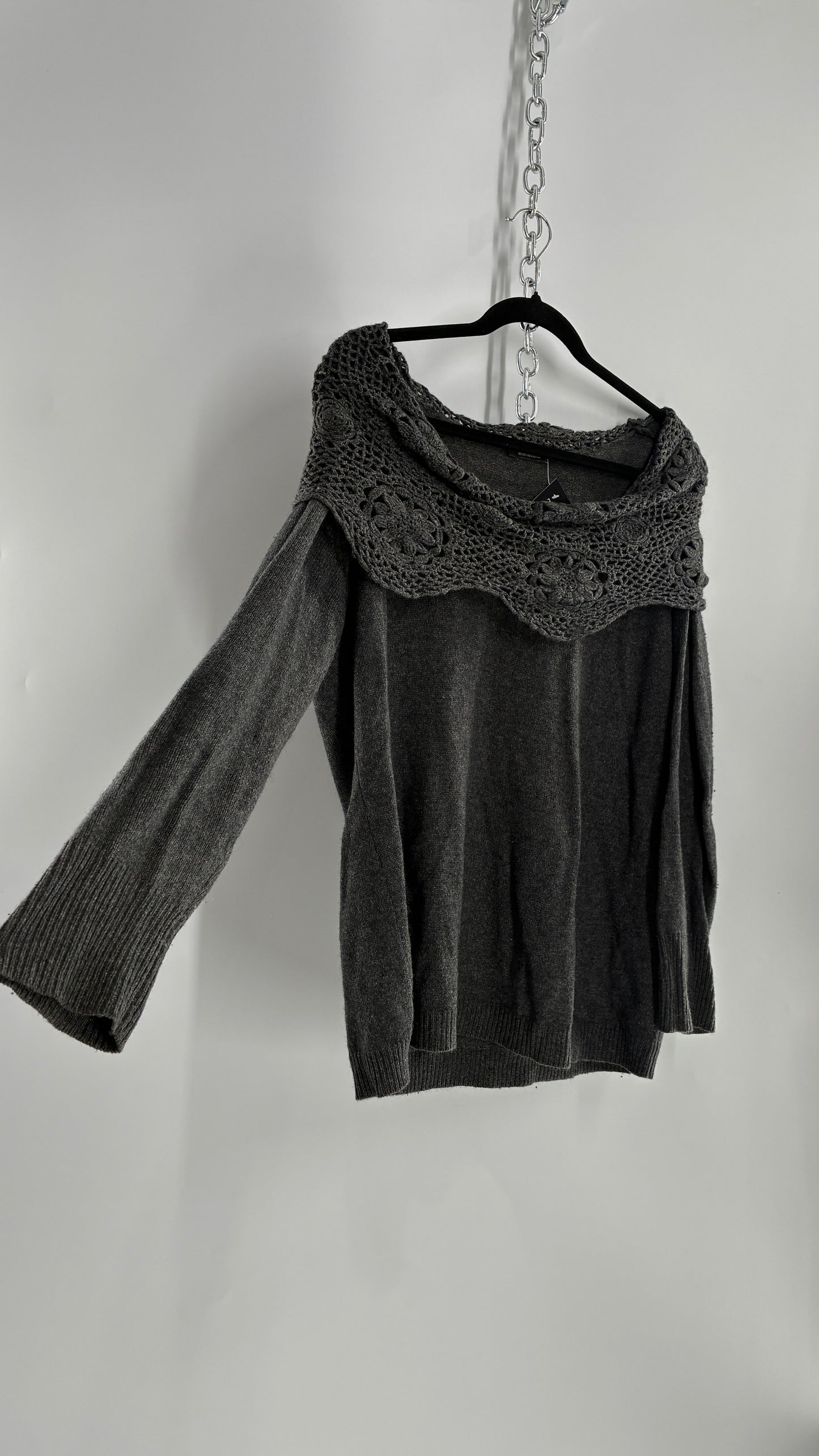 Vintage ELENA MIRO 29% Virgin Wool 8% Angora Wool 8% Cashmere Grey Off the Shoulder Crochet Band Sweater (Medium)