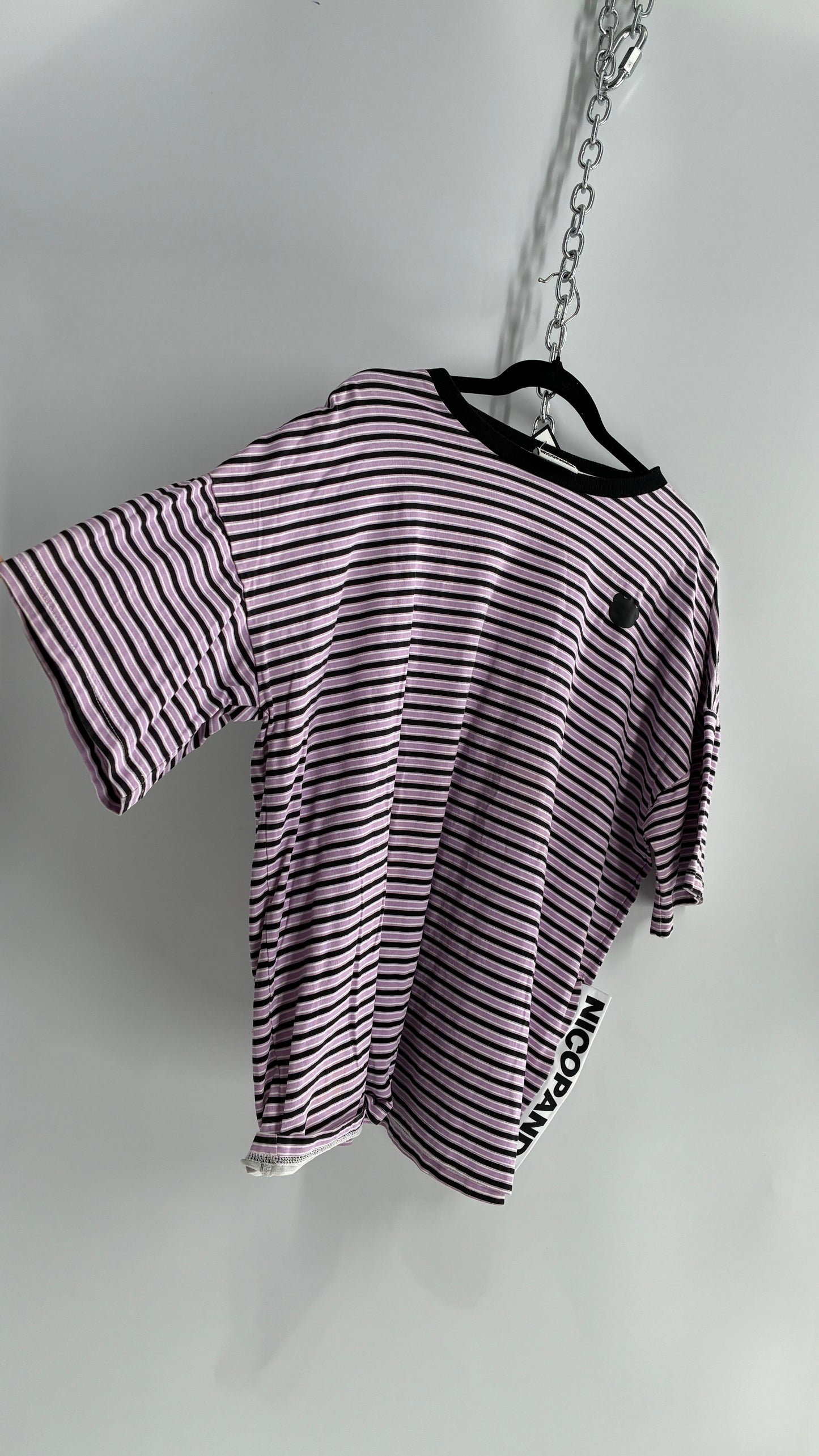 NICOPANDA Purple Black Striped Oversized Boxy T Shirt (Large)