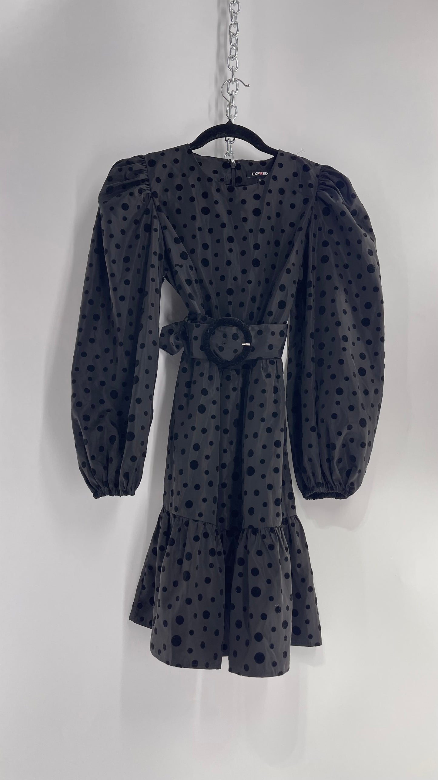 Express Black Taffeta Flare Out Dress with Balloon Sleeves, Velvet Polka Dot Pattern and Round Velour Belt Buckle (XS)