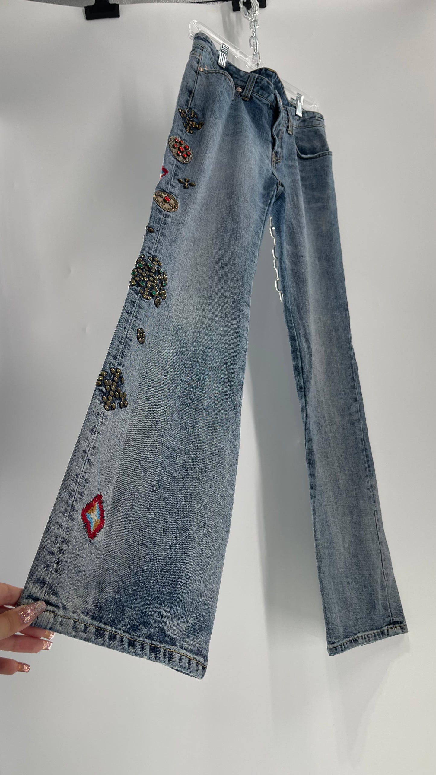 Western Denim Bank Light Wash Straight Legs with Gold/Bronze Metal Studs and Jewels (29)
