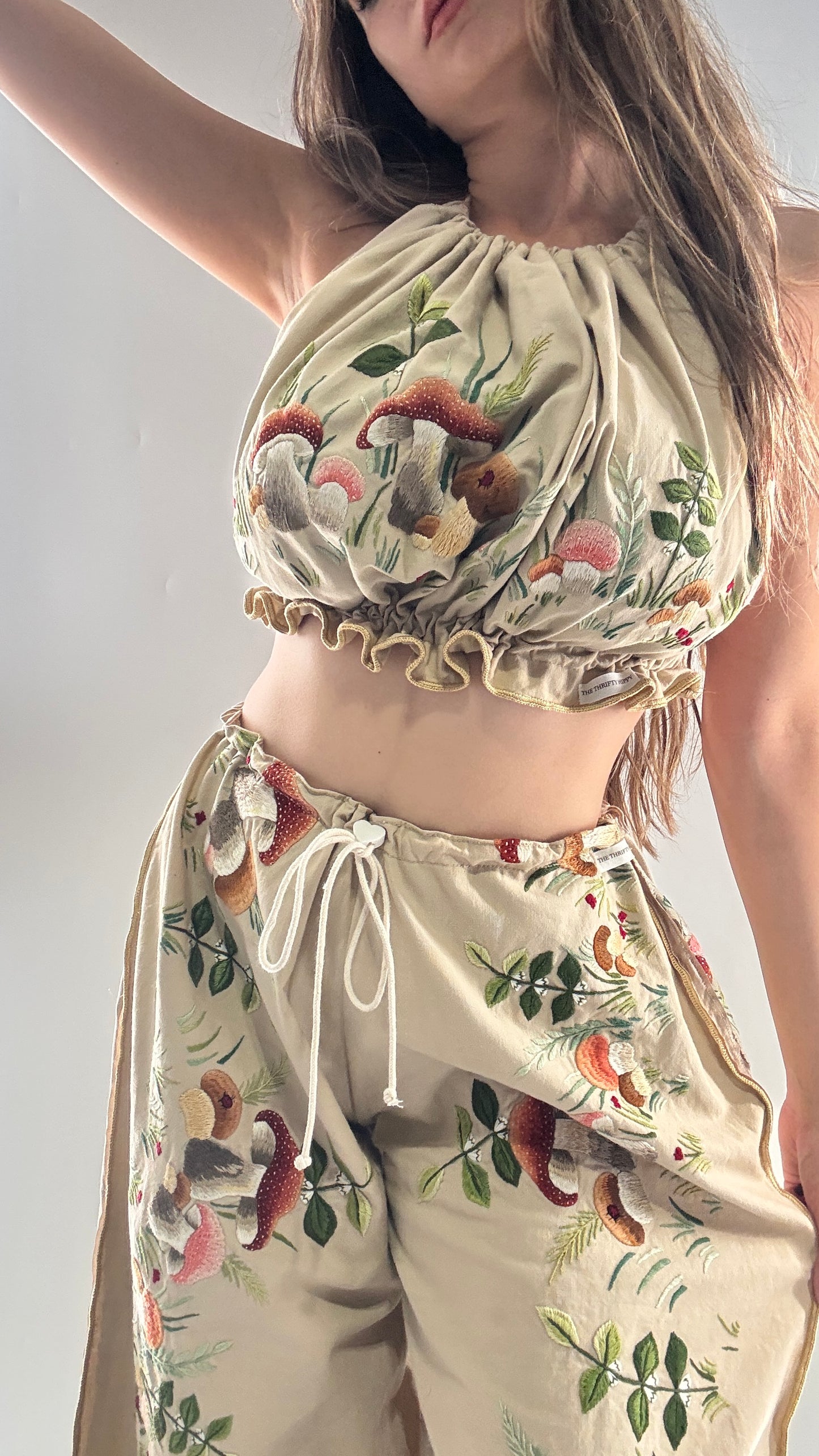 Vintage Custom Handmade and Hand Embroidered Two Piece Set with Mushrooms, Vines, and Ladybugs (XS-L)
