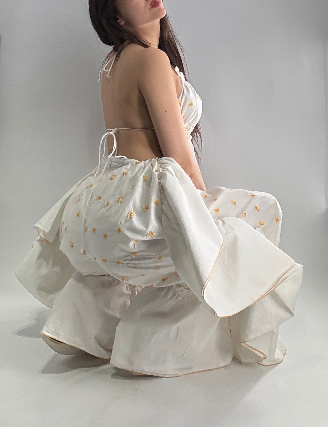 Vintage Handmade Angeline 2pc Set with Ruffled Pant, Embroidered Daisy Pattern, and Bustier Camisole with Adjustable Drawstring Bustline and Waistline (XS-L)
