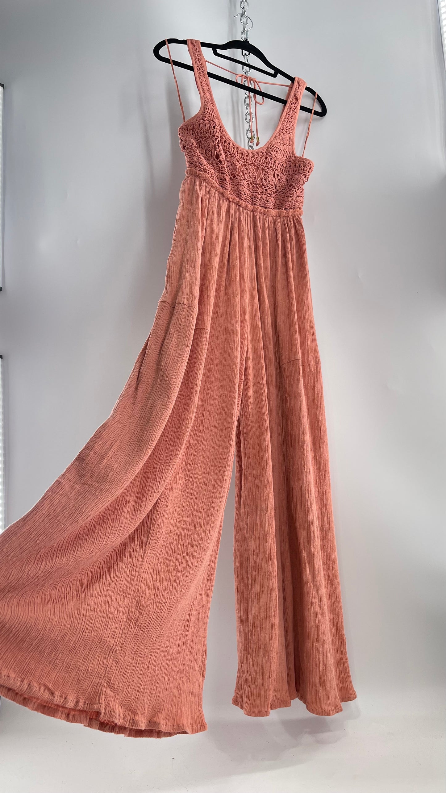 Free People Rose/Peach Pink Wide Leg Jumpsuit with Crochet Bust and Tags Attached (XS)