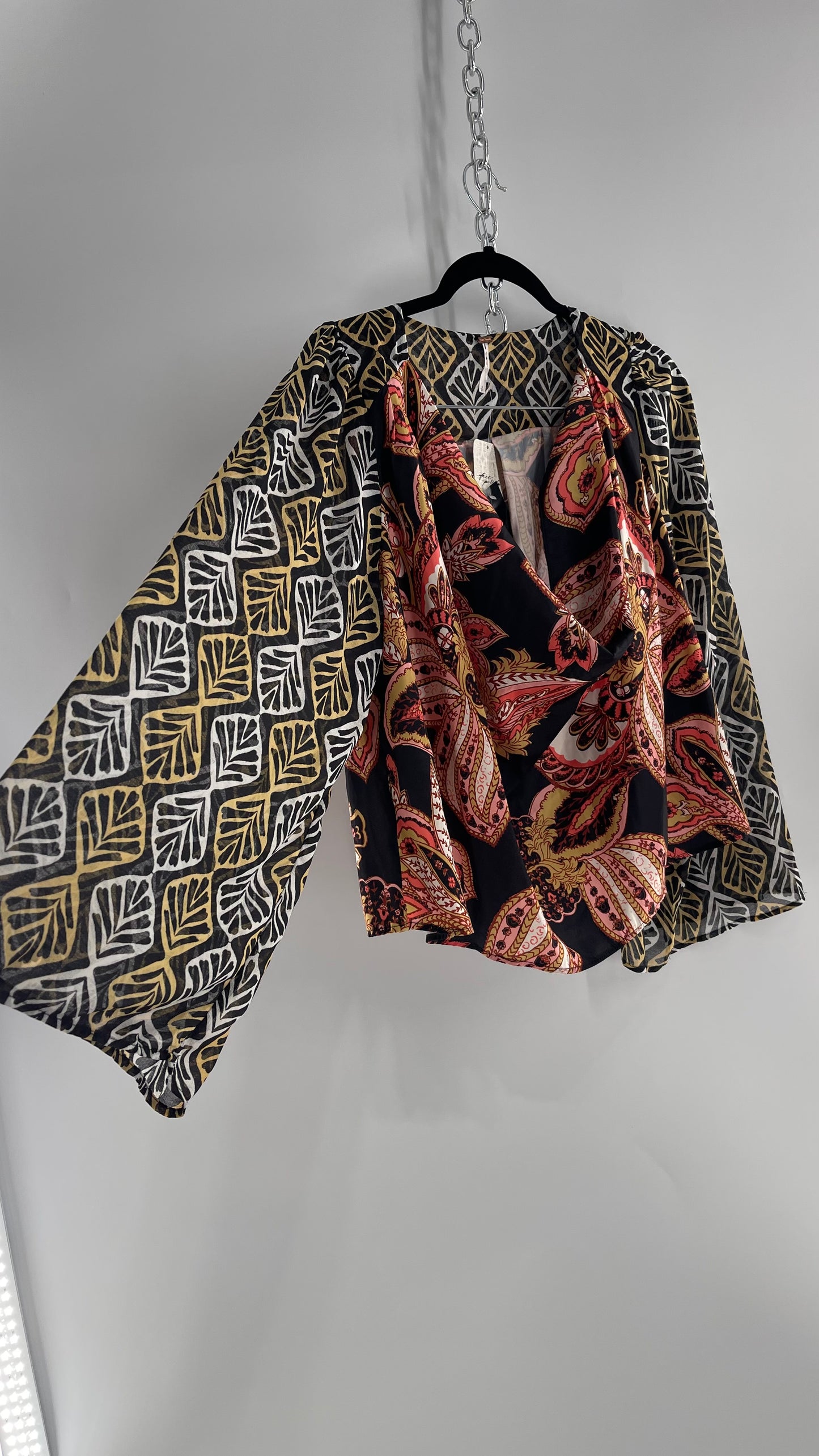 Free People Paisley Bodice Blouse with Sheer Contrast Sleeves, Draping Neckline and Tags Attached (Small)