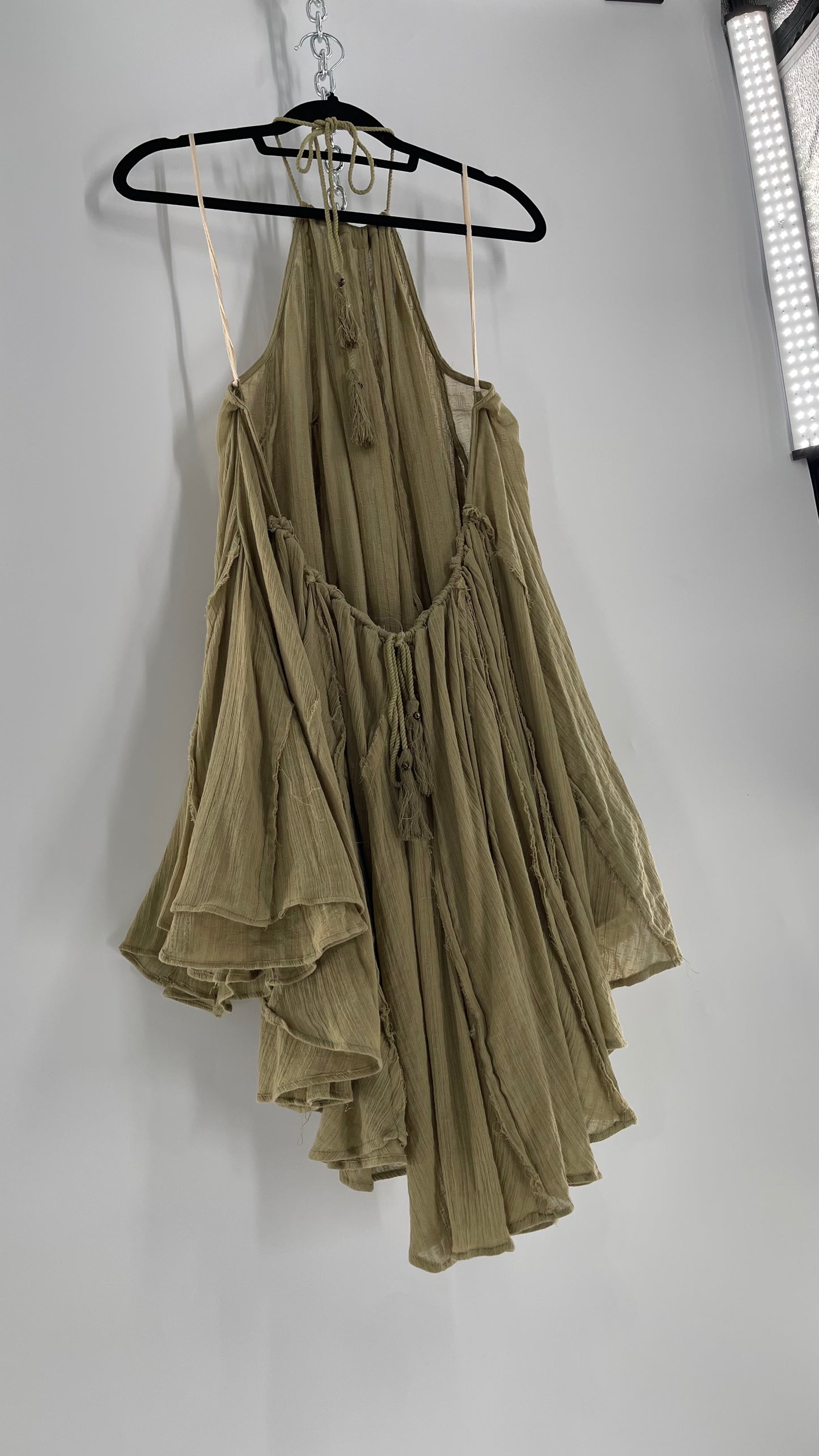 Free People Olive Sage Gauze/Cotton Halter Backless Dress (M)