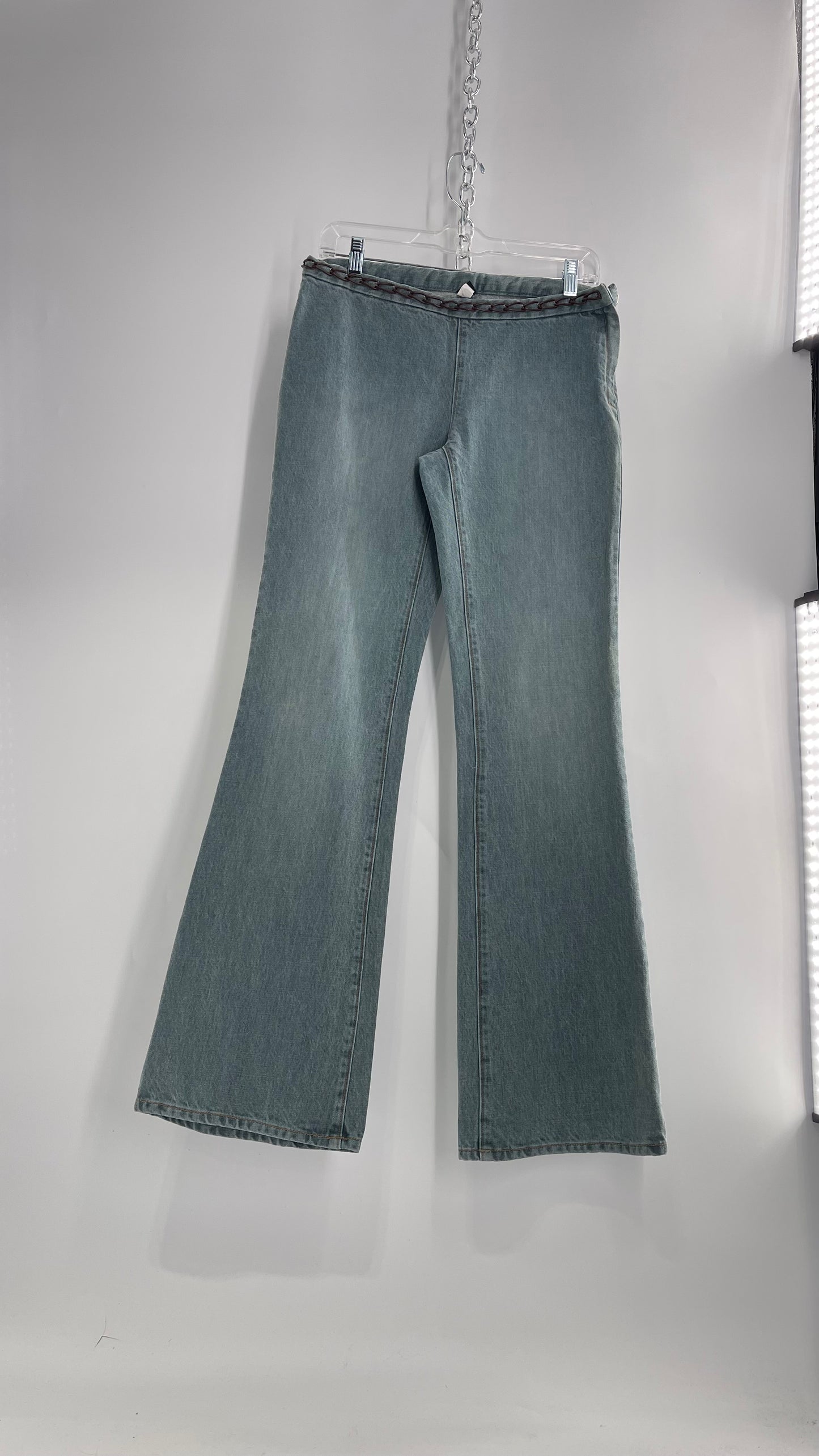 Vintage GAP Light Wash Denim Kick Flares with Bronze Chain Link Waistline (2)