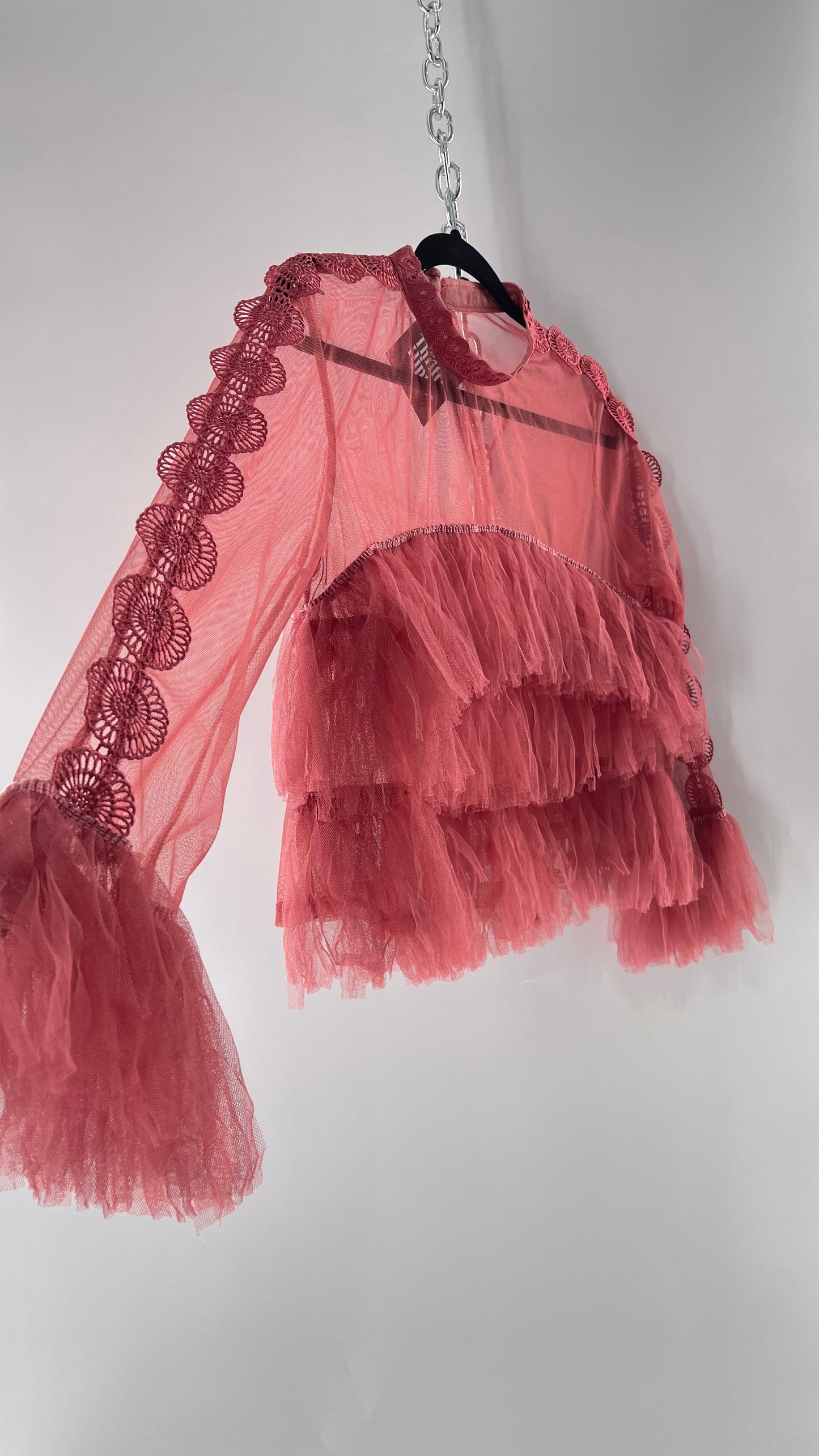 Ups & Downs Pink Mesh Blouse with Ruffled Body/Cuffs and Lace Ribbon Detailing (Medium)
