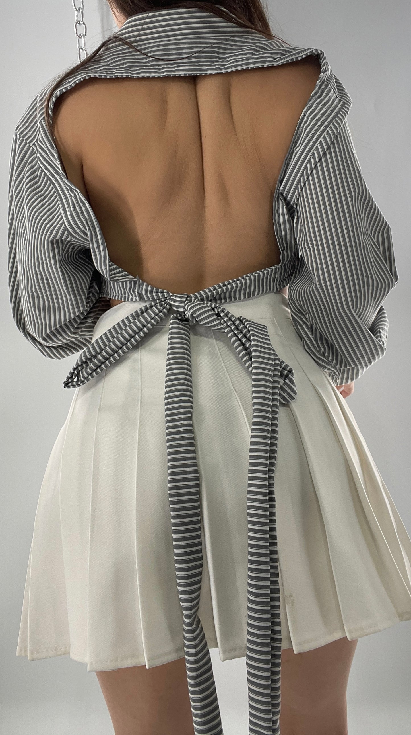 Vintage Reworked Button Front Backless Grey Blue Striped Blouse (One Size)