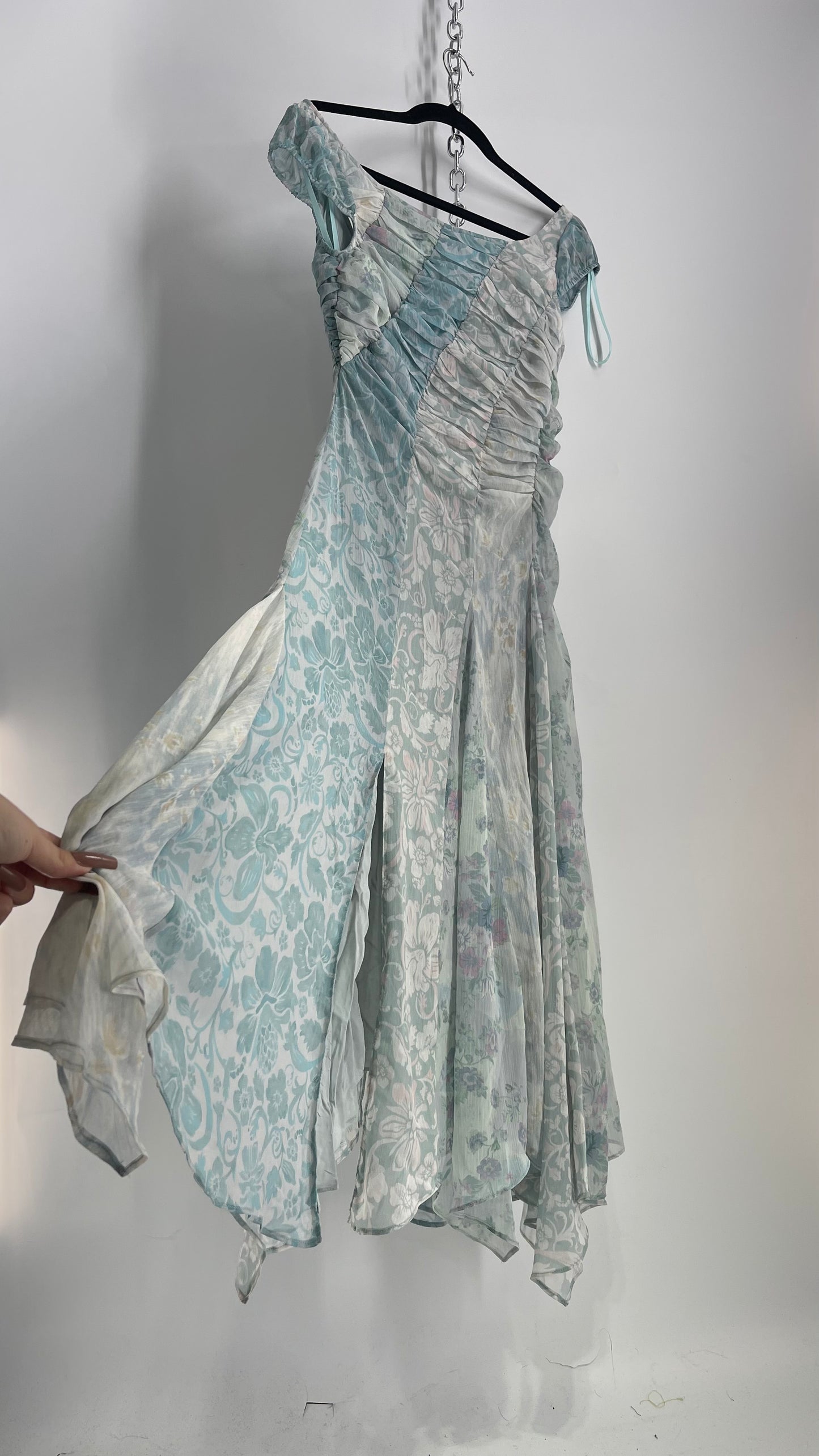 Free People Heart to Heart Blue Ruche Bust Handkerchief Hem Gown (4)