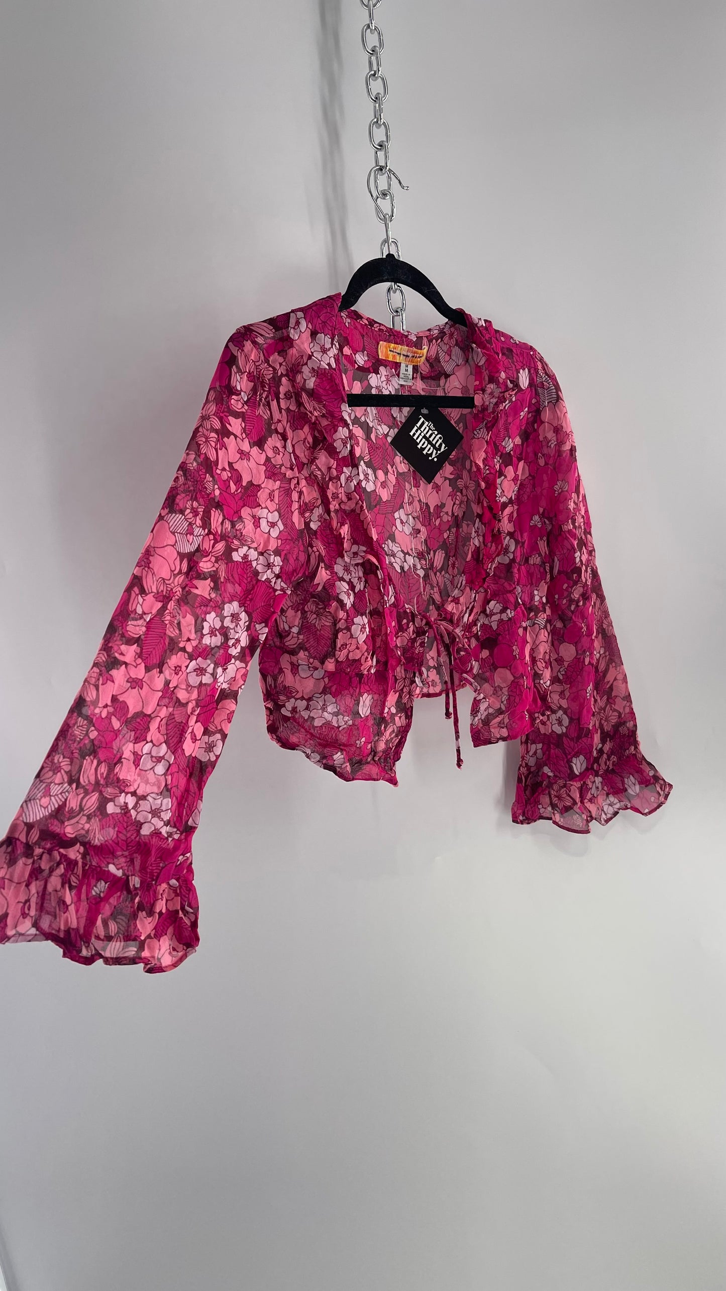 Urban Outfitters Fuchsia 100% Viscose Floral Tie Front, Ruffled Blouse