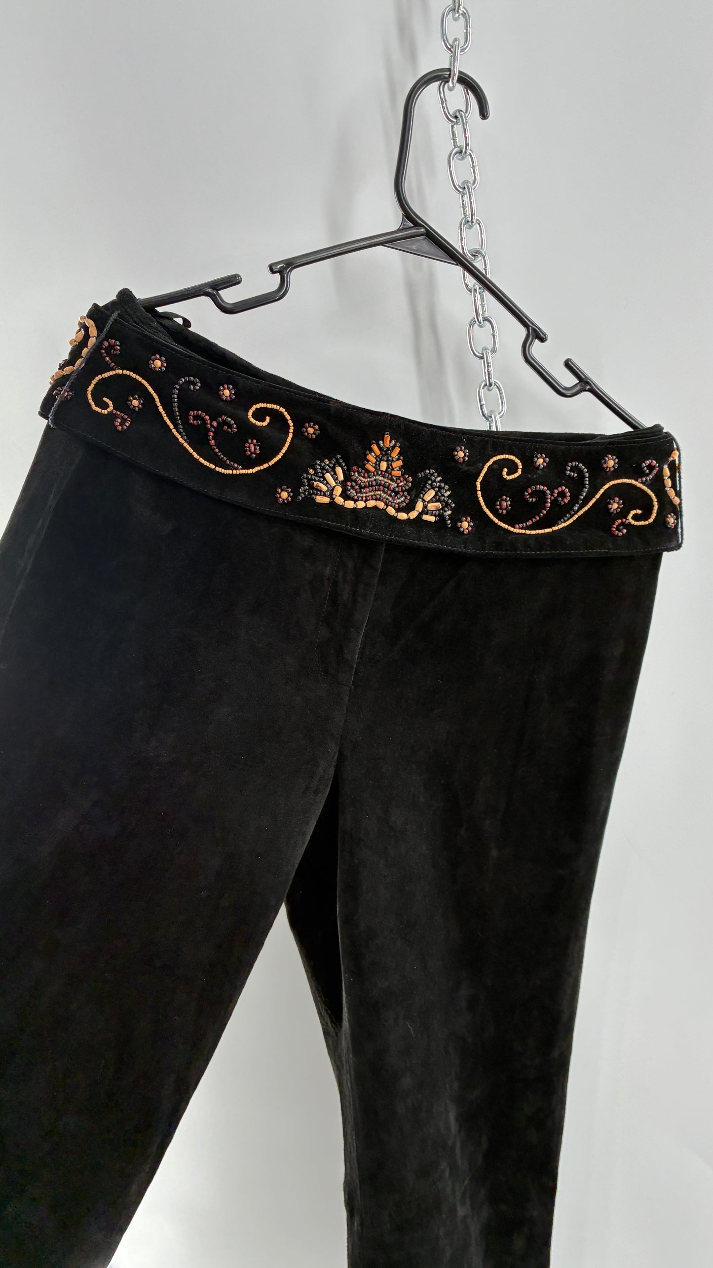 Vintage Margaret Godfrey Black Genuine Suede Leather Kick Flares with Wide Beaded Belt (10)