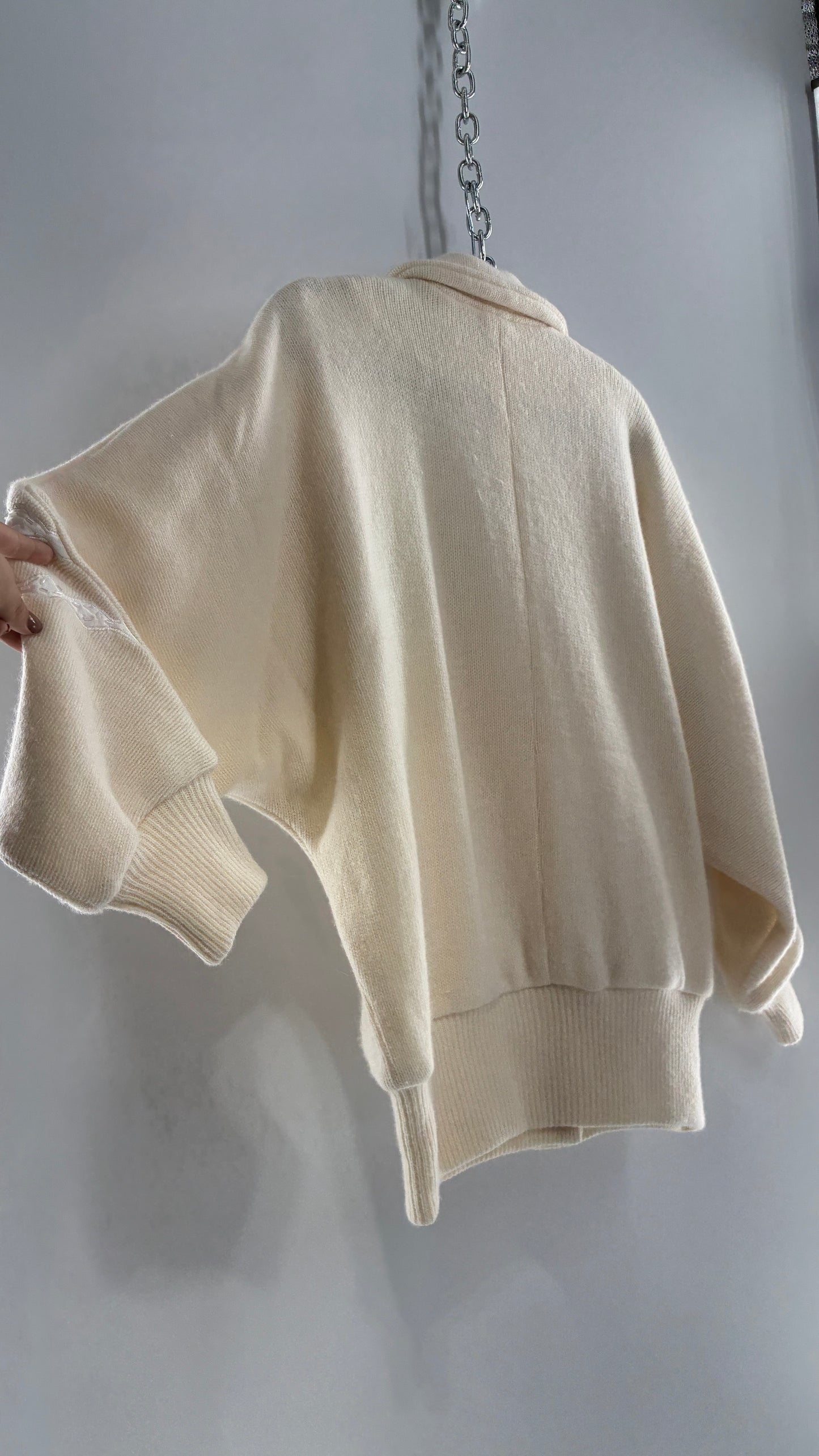 Vintage SUZELLE 70% Lambswool, 20% Angora Rabbit Off White Woven Bomber Jacket with Leather Flower Appliqués (Medium)