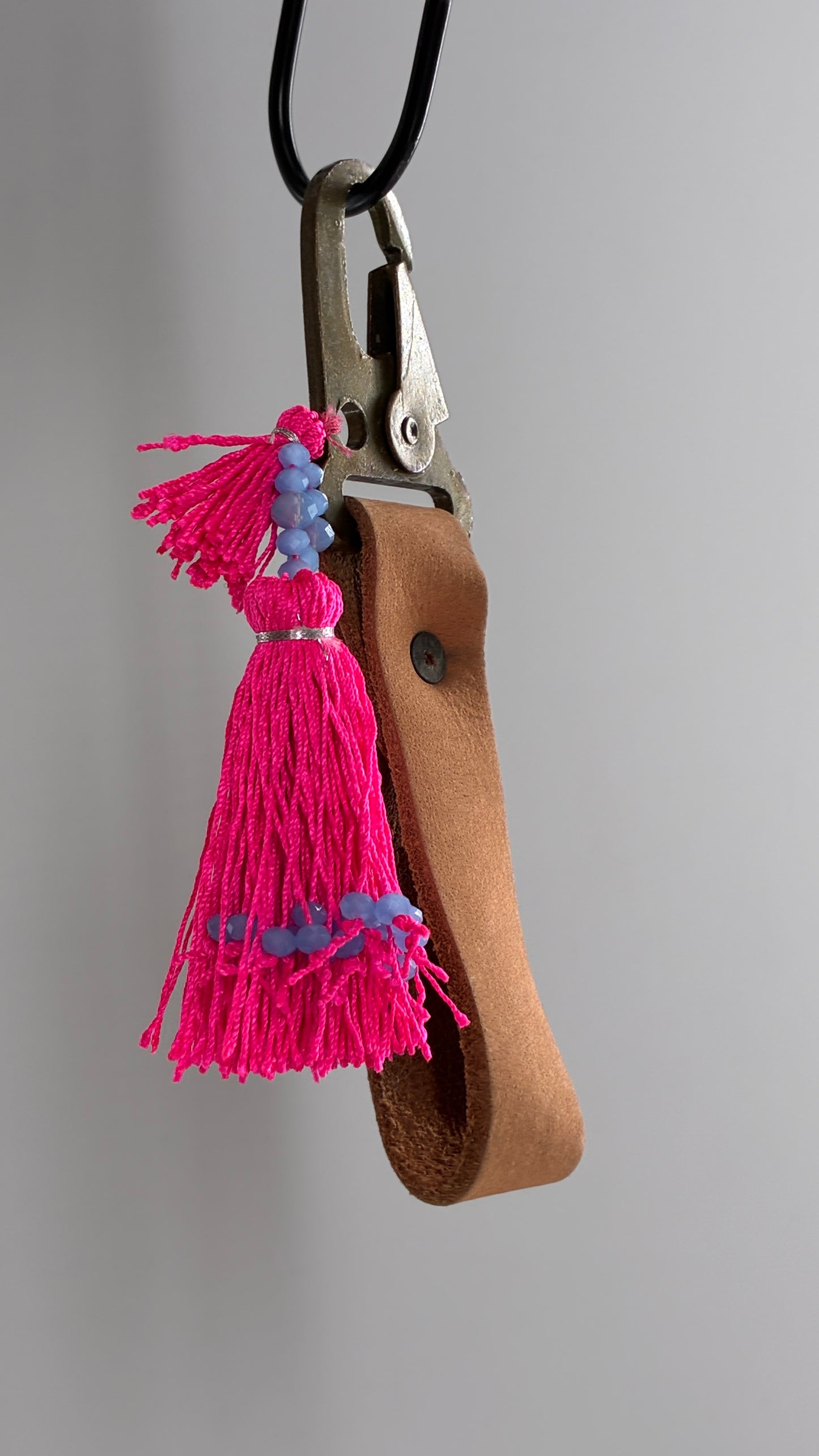 Free People Leather Wristlet Keychain with Neon Pink Beaded Tassel