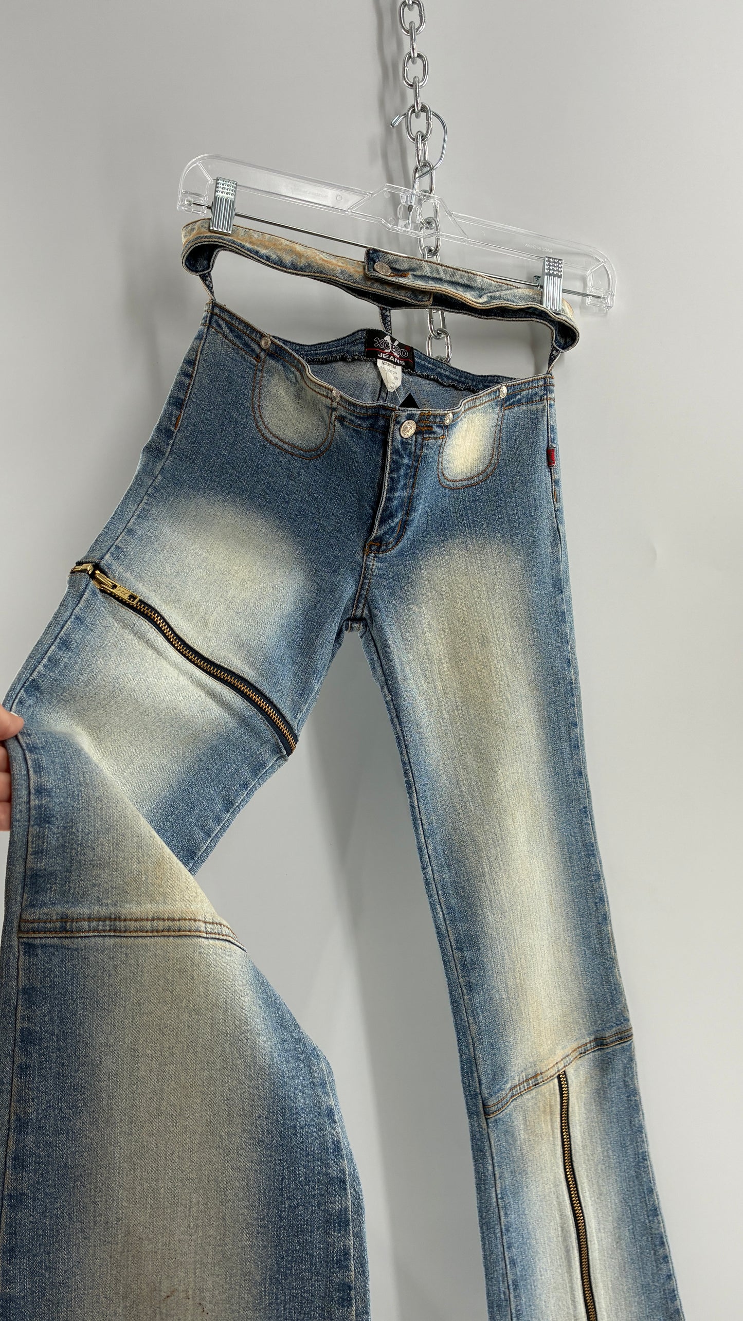 Vintage XCESO JEANS Rare Faded Double Waistband Kickflare Jeans with Functional Zipper Details (Medium*)