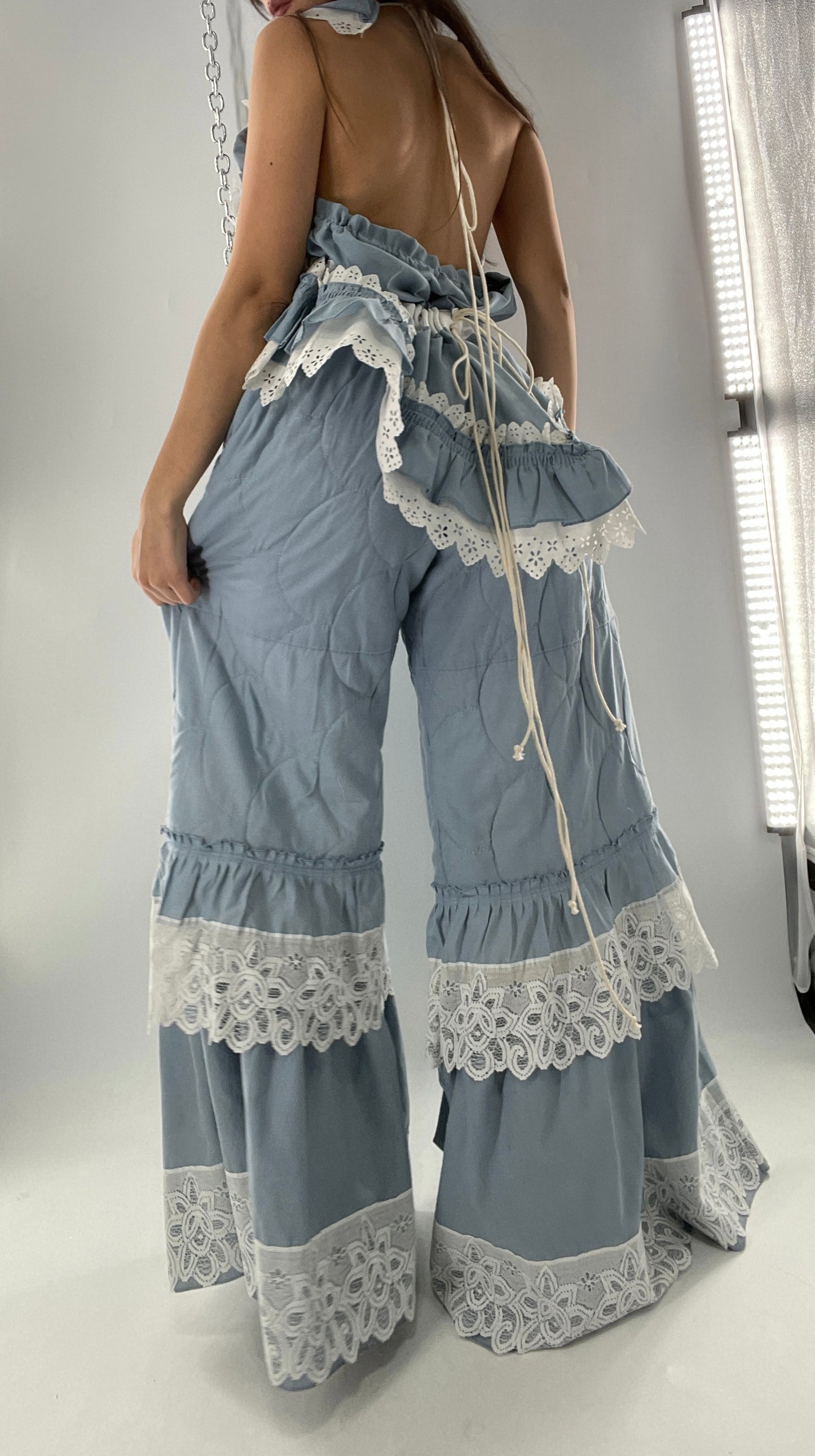 Vintage 2 Piece Powder Blue Set Featuring 2Way Blouse and Quilted Trousers Covered in Ruffles, Lace and Trim (One Size)