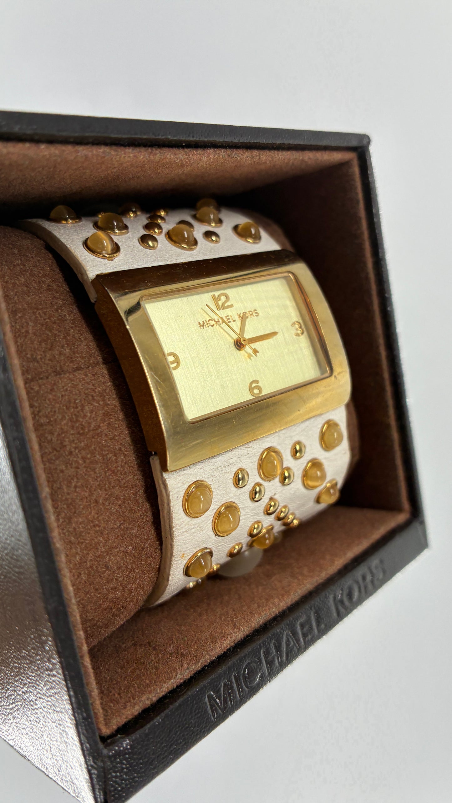 Deadstock Vintage Michael Kors White Leather Studded Cuff Watch