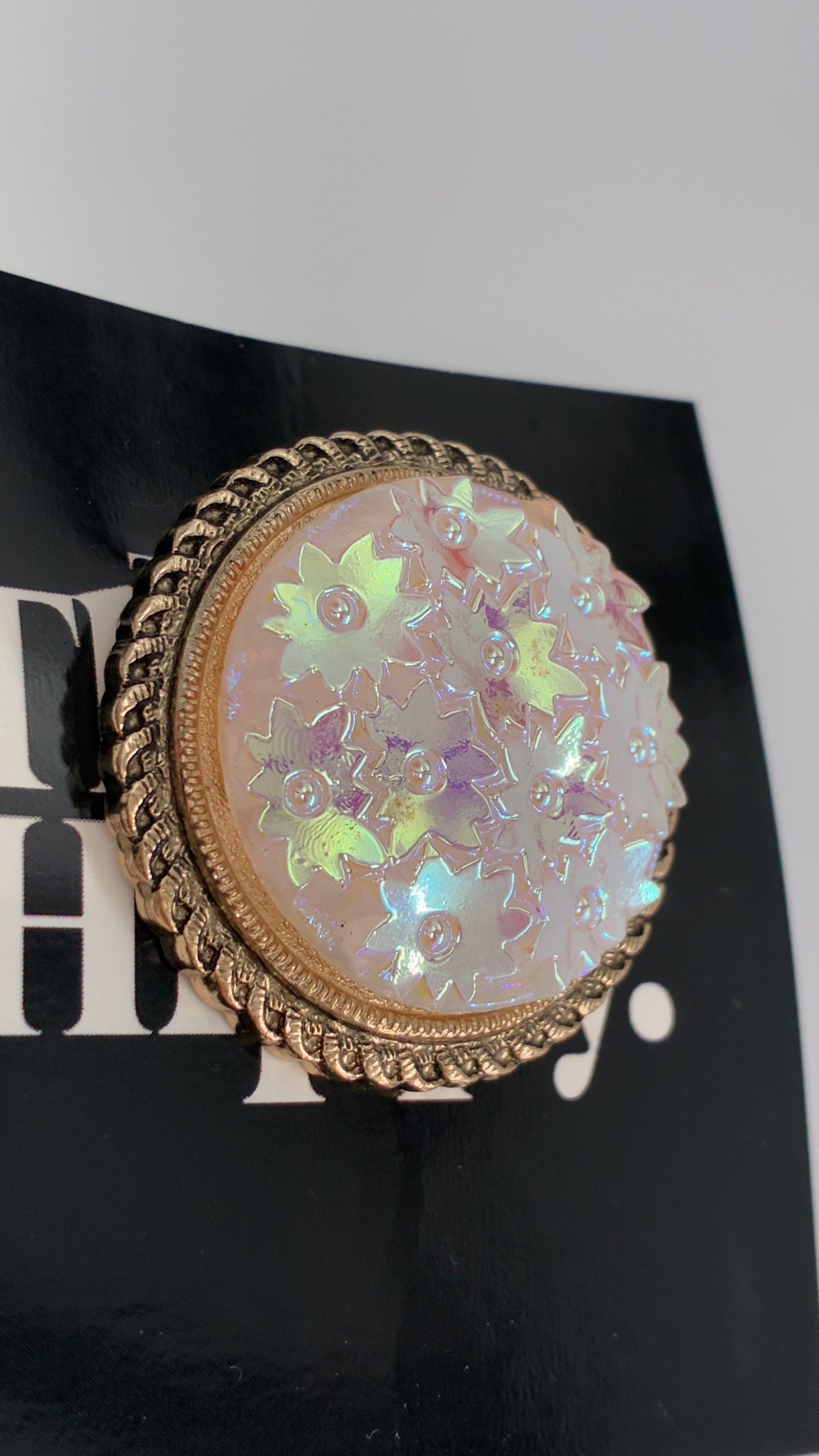 Vintage Scarf Ring Loop with Gold Metal Border and Iridescent Flowers