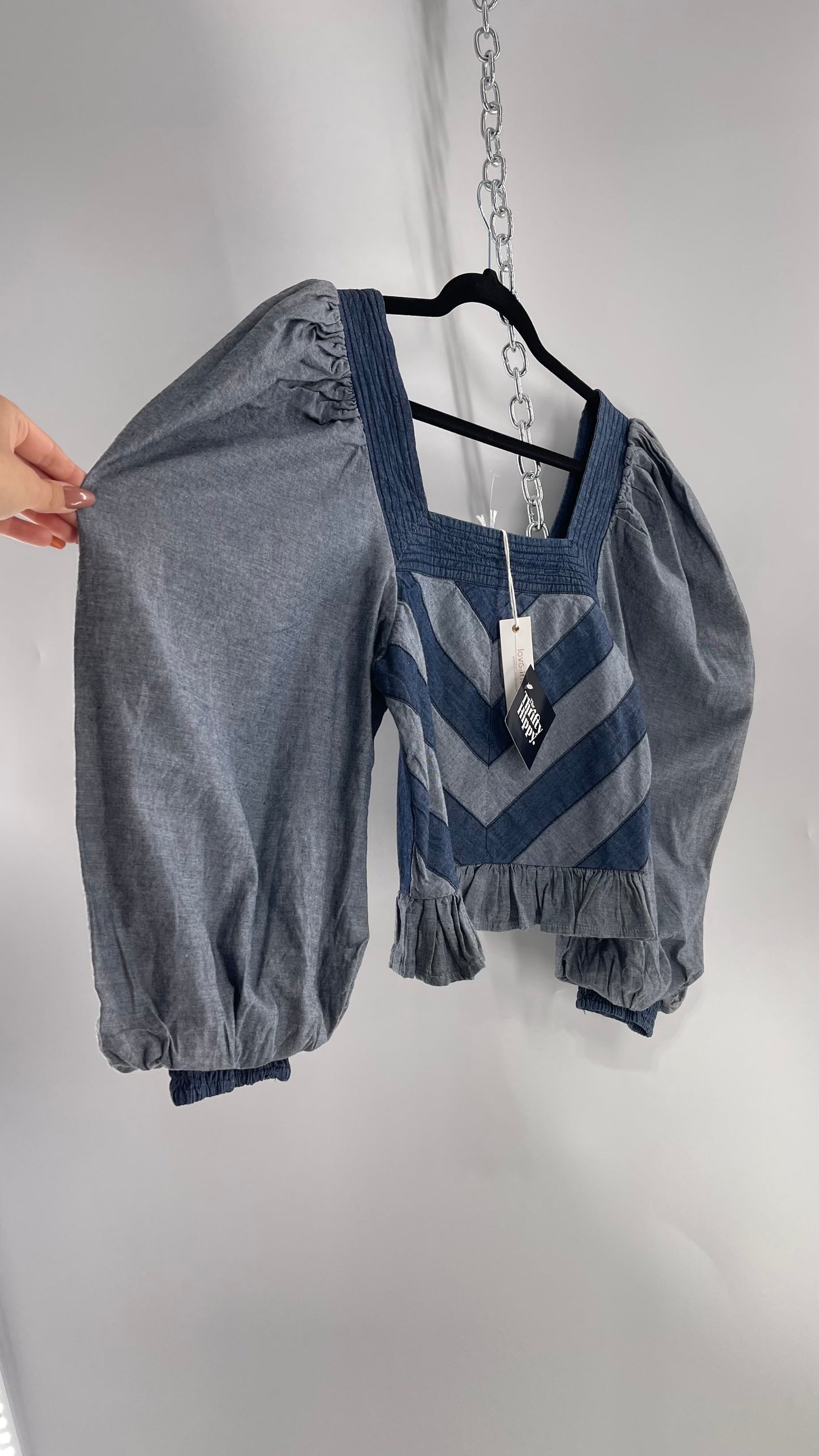 Love the Label ANTHROPOLOGIE Chambray, Chevron, Denim Smocked Blouse with Dramatic Sleeves and Tags Attached (Small)