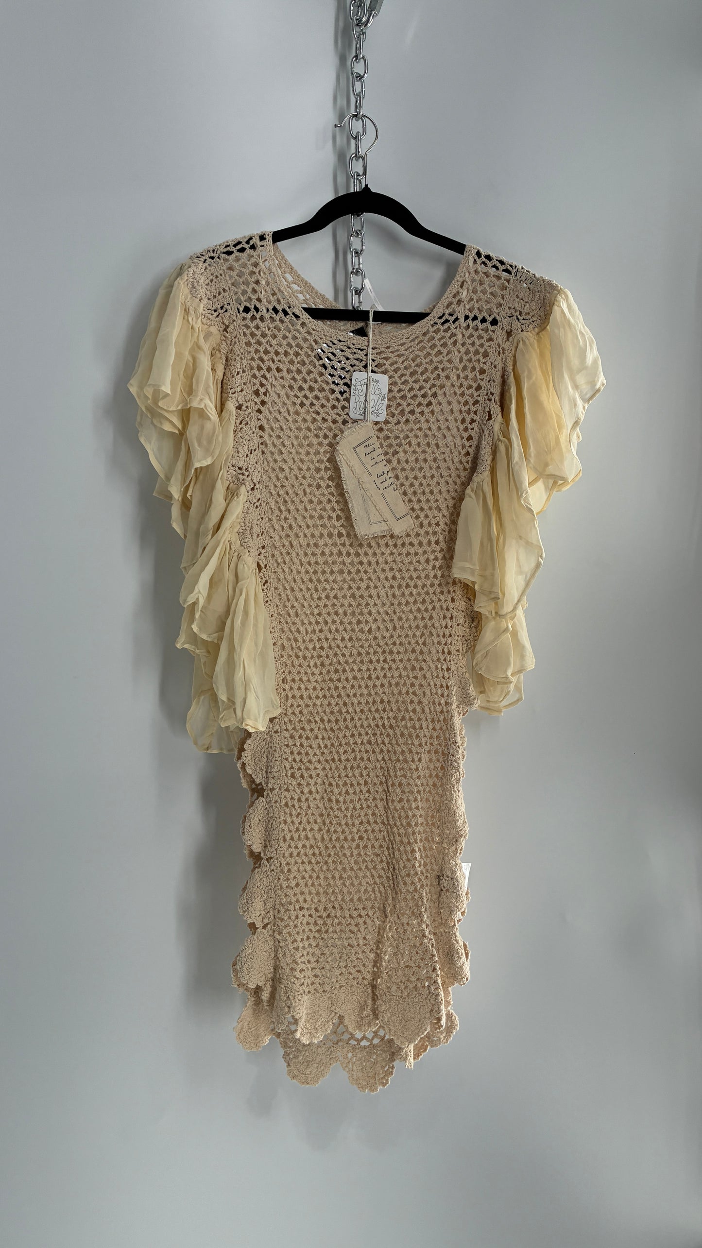 Free People Crochet Scalloped Open Side Dress with Ruffled Sleeve Details (S)