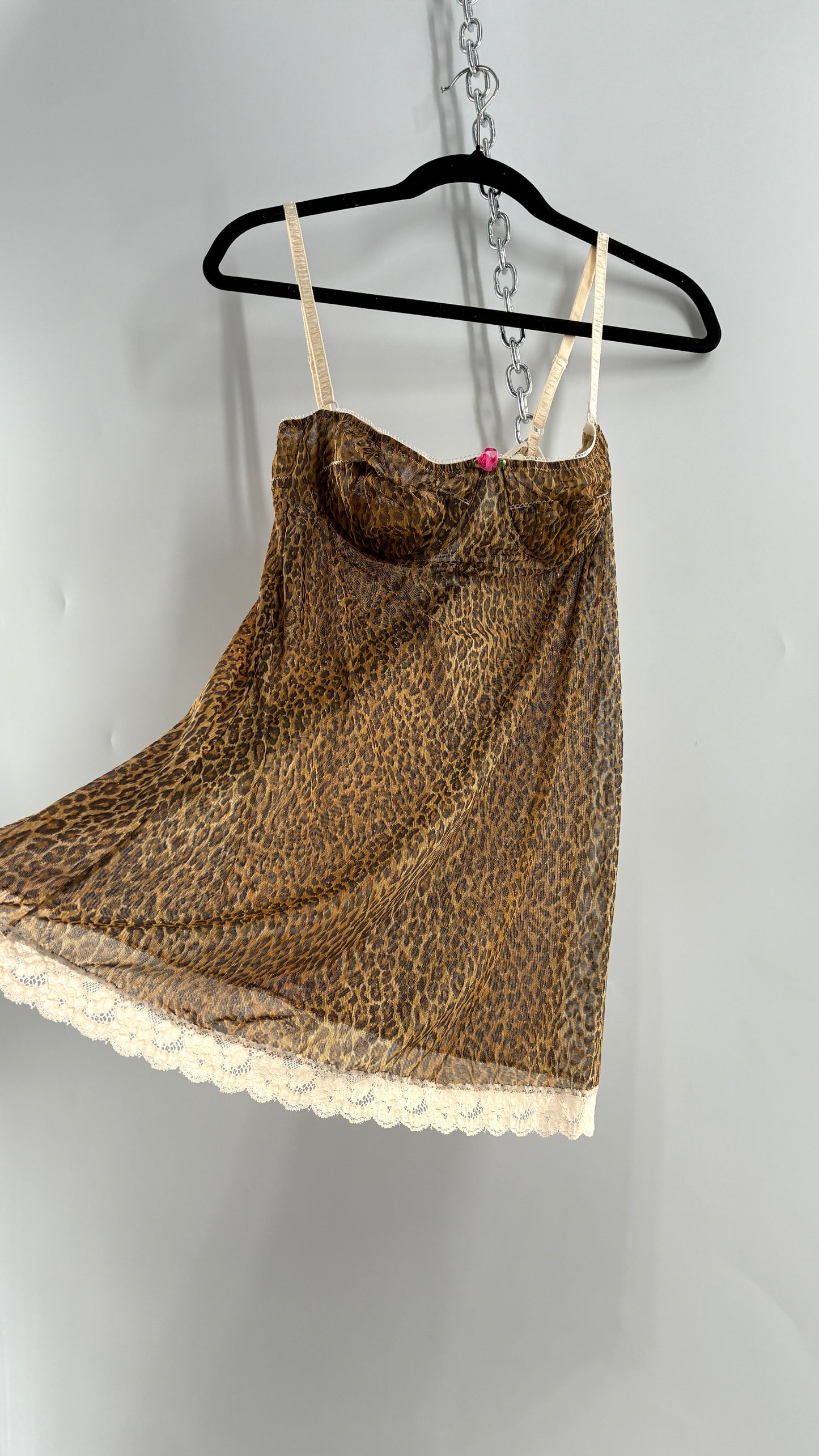 Vintage 1990s Dolce & Gabanna Cheetah Mesh Babydoll Camisole with Underwire Ruched Bust, Rosette and Branded Appliqué Tag (Large)