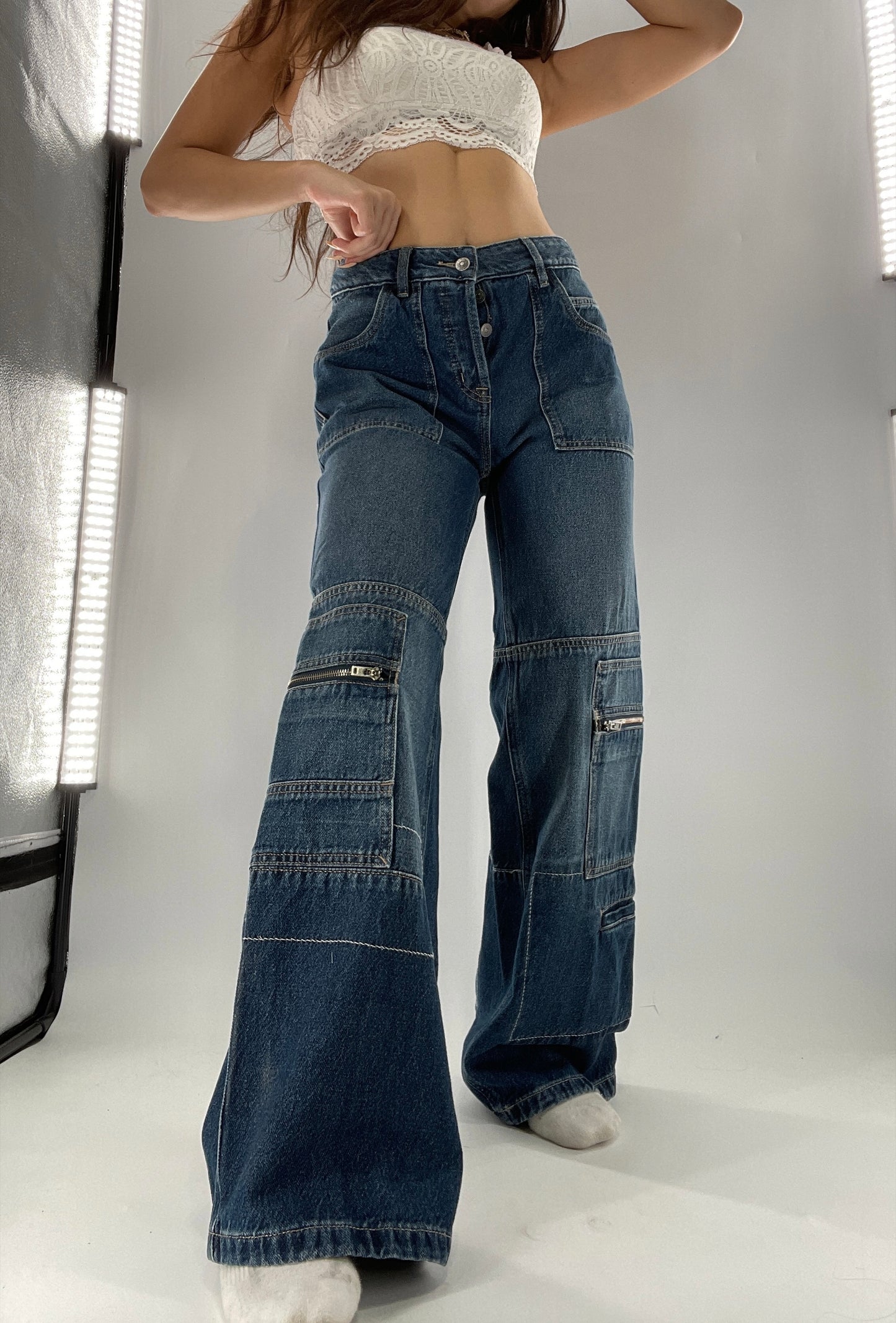 Free People Medium Wash Baggy Straight Legs Jeans Covered in Zippers, Pockets, Stitching (28)