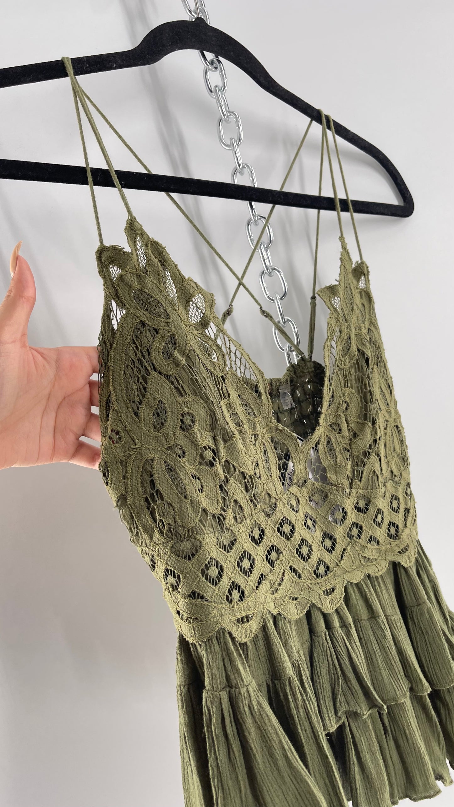 Free People Army Green Lace Bralette Top with Ruffled Hem (Large)