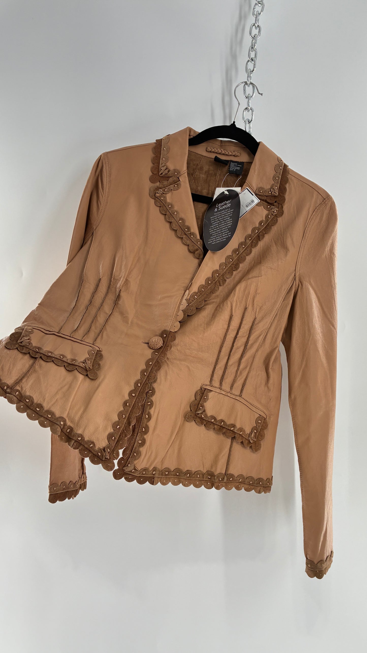 RARE Deadstock Vintage Cami Brown Thin Leather Jacket with Suede Scalloped Trim (12)