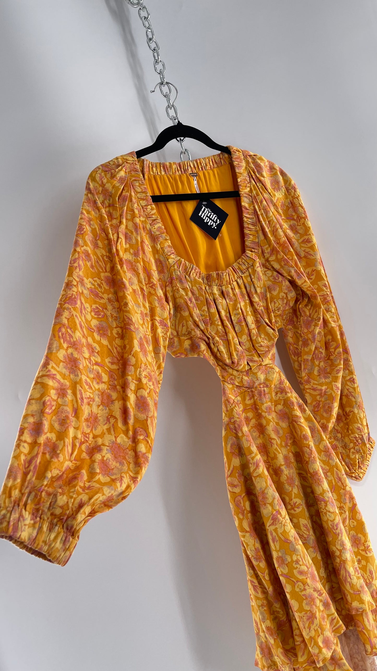 Free People Yellow Cut Out Golden Florals Dress with Ruched Bust and Balloon Sleeves (XS)
