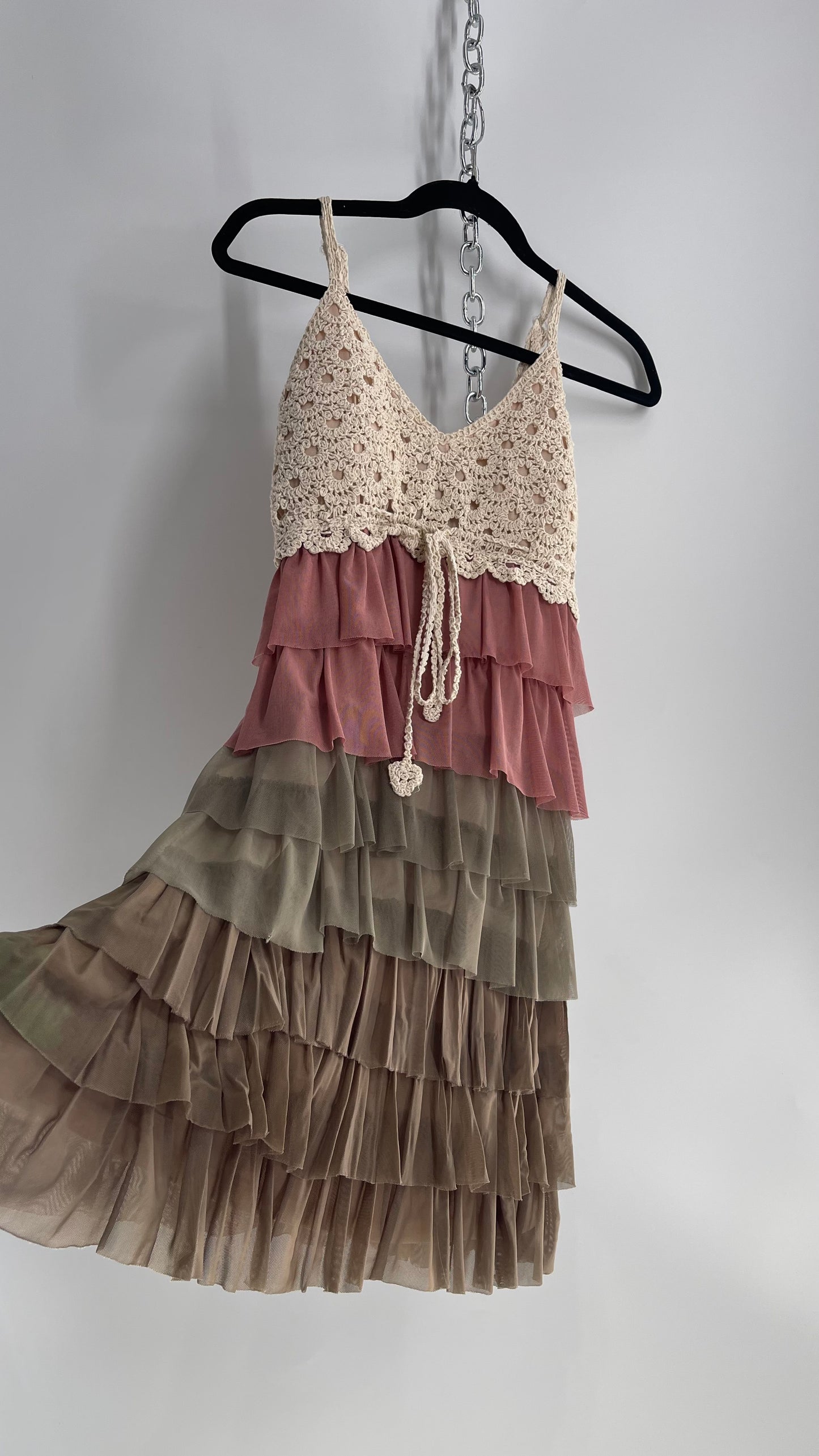 Vintage Ruffled Mini Dress with Crochet Bust (Small)