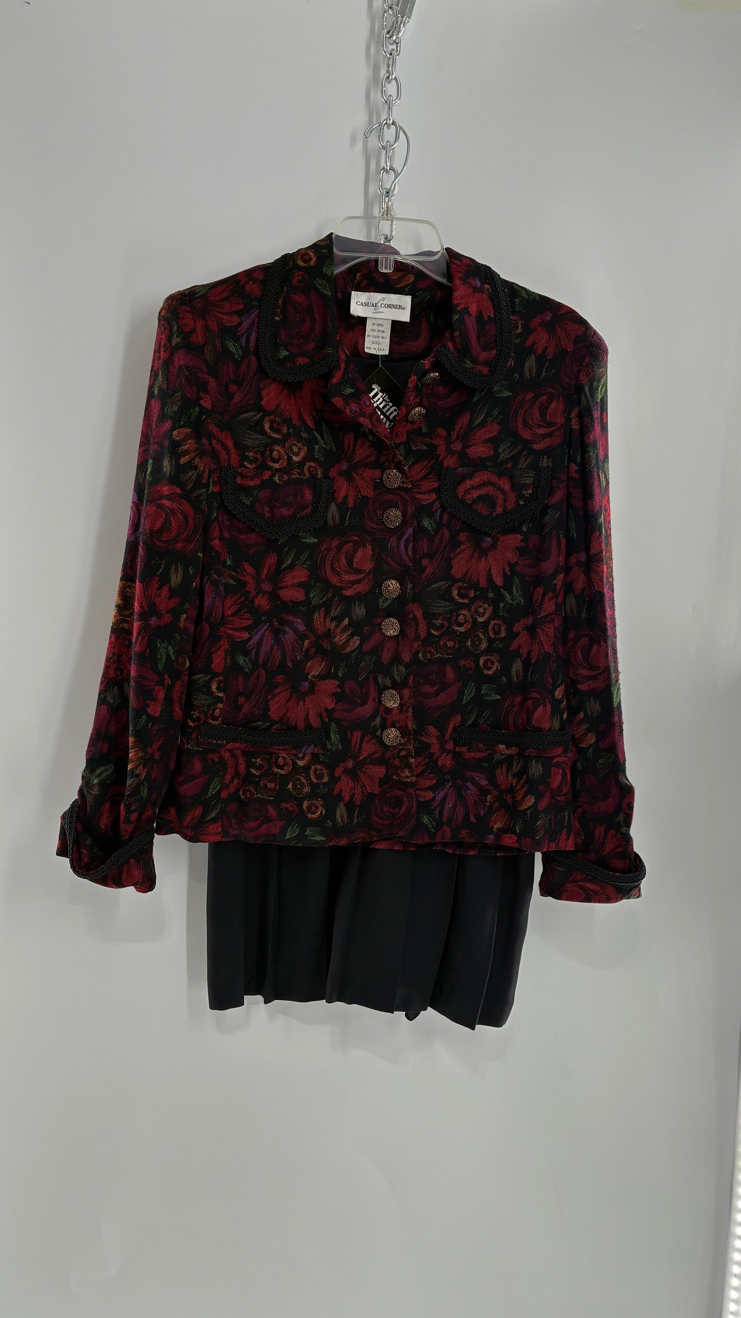 Vintage Suit Set with Gold Button, Deep Floral Blazer and Pleated Upcycled Mini Skirt (6)