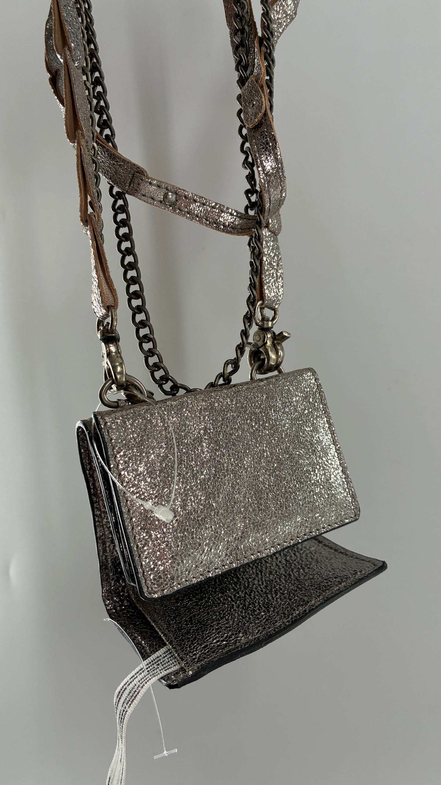 Free People Silver Gun Metal Metallic Goat Leather Wallet with Leather and Chain Straps