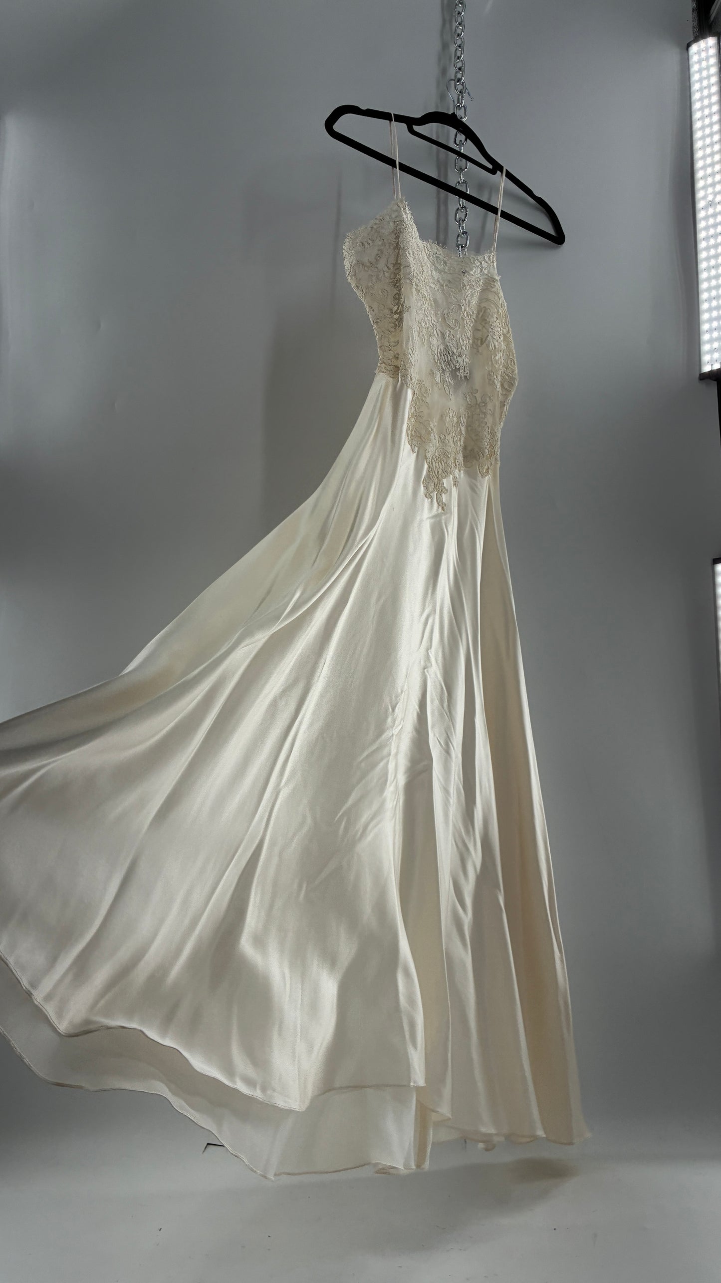 Vintage JONQUIL 100% Silk Gown with Heavy Lace Appliqués and Low Cut Sheer Back (Medium)